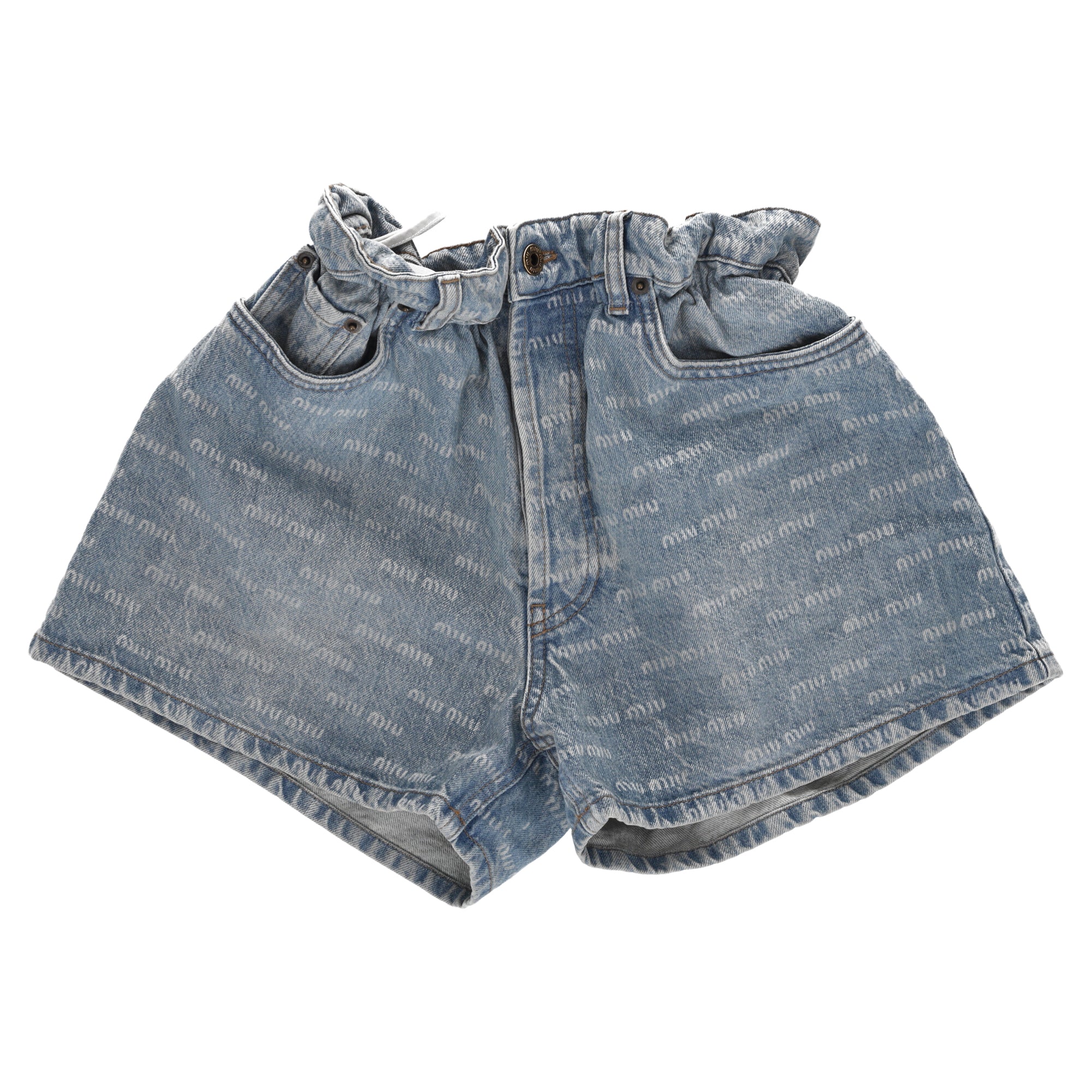 Women's Miu Miu Elastic Waistband Logo All Over Shorts in Blue Cotton Denim