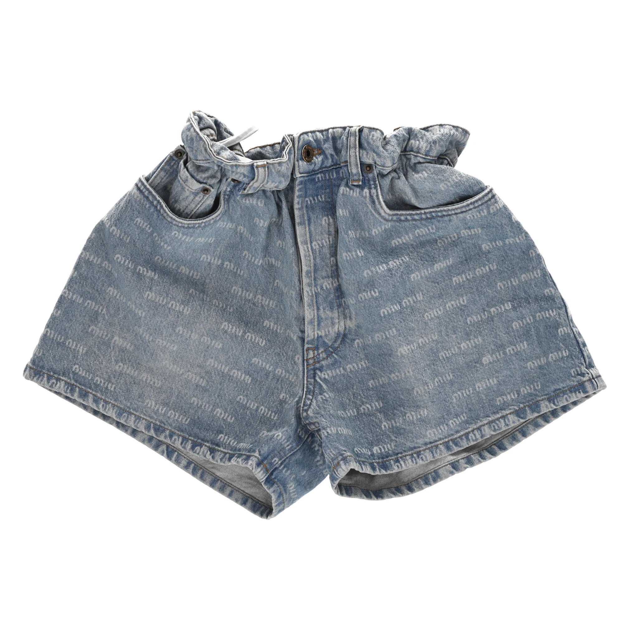 Women's Miu Miu Elastic Waistband Logo All Over Shorts in Blue Cotton Denim - Image 8