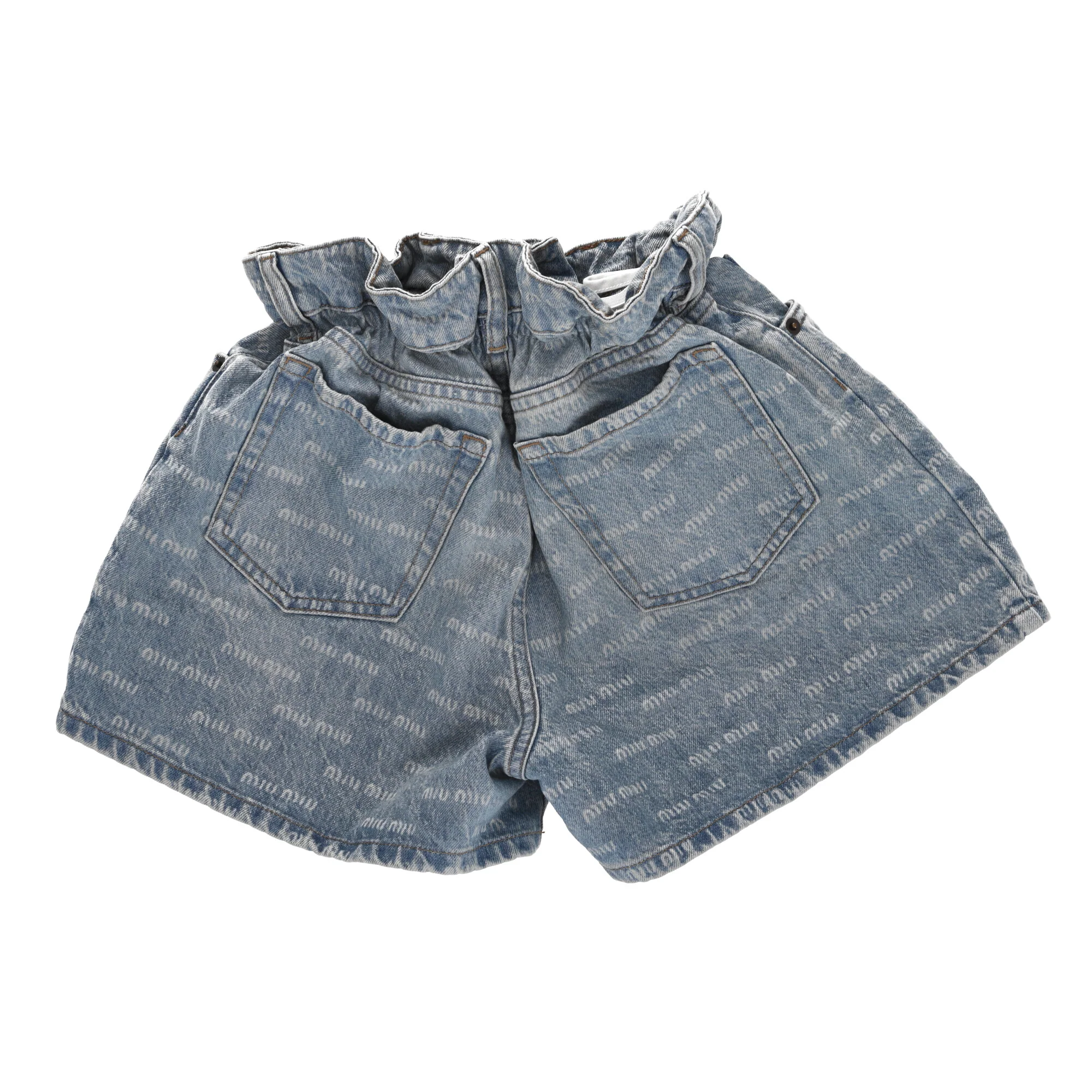 Women's Miu Miu Elastic Waistband Logo All Over Shorts in Blue Cotton Denim - Image 9