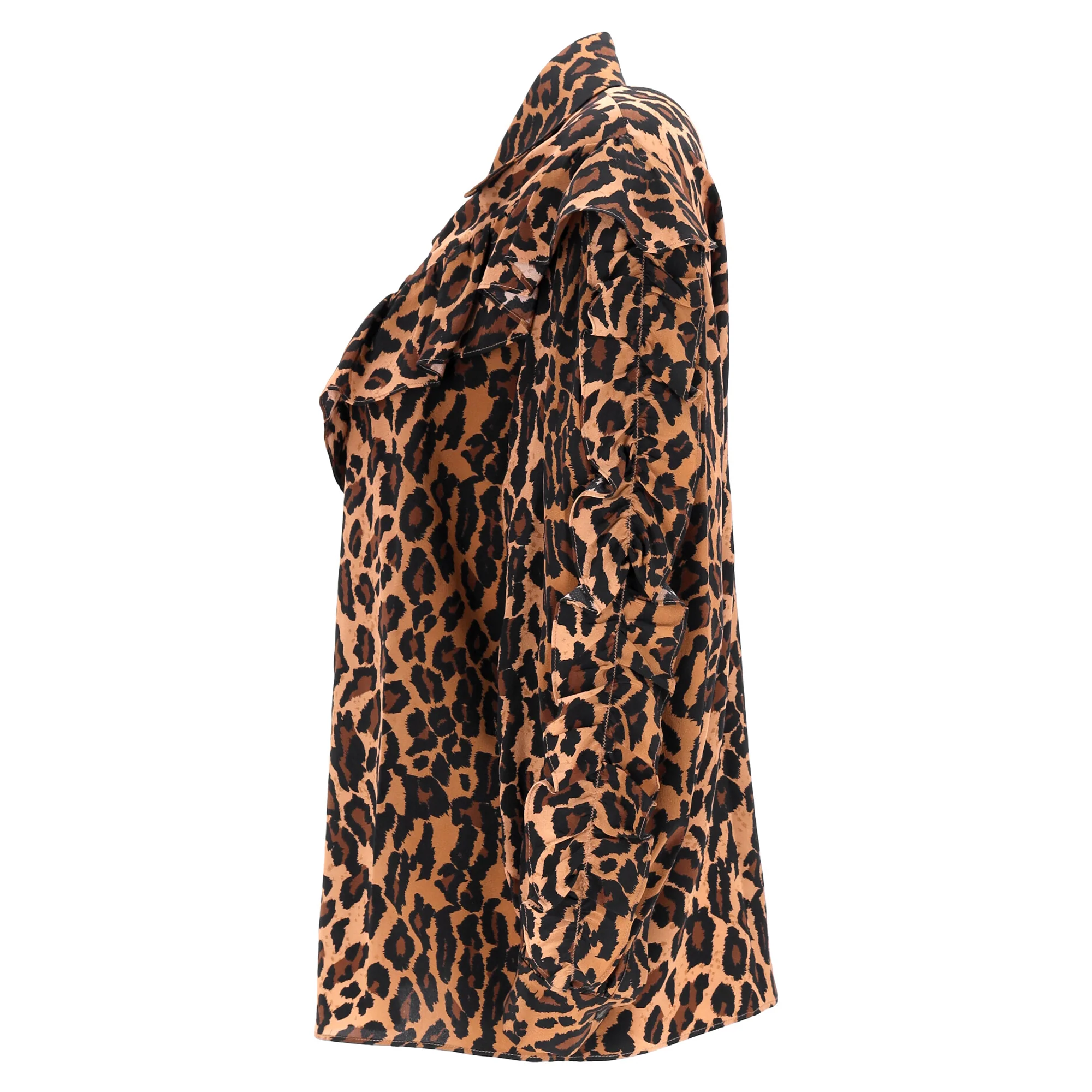 Women's Miu Miu Leopard Print Ruffled Shirt in Brown Silk - Image 2