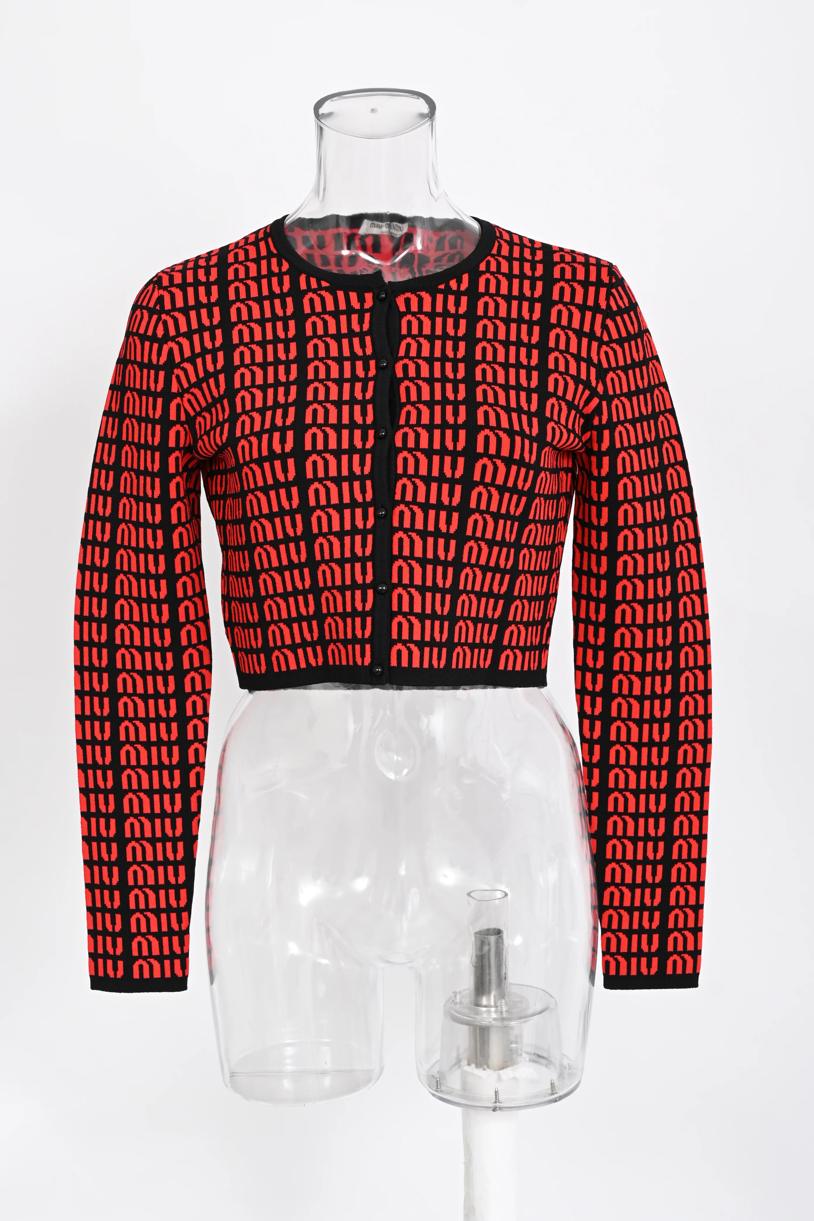 Women's  Miu Miu Logo All Over Cropped Cardigan in Red and Black Rayon - Image 6