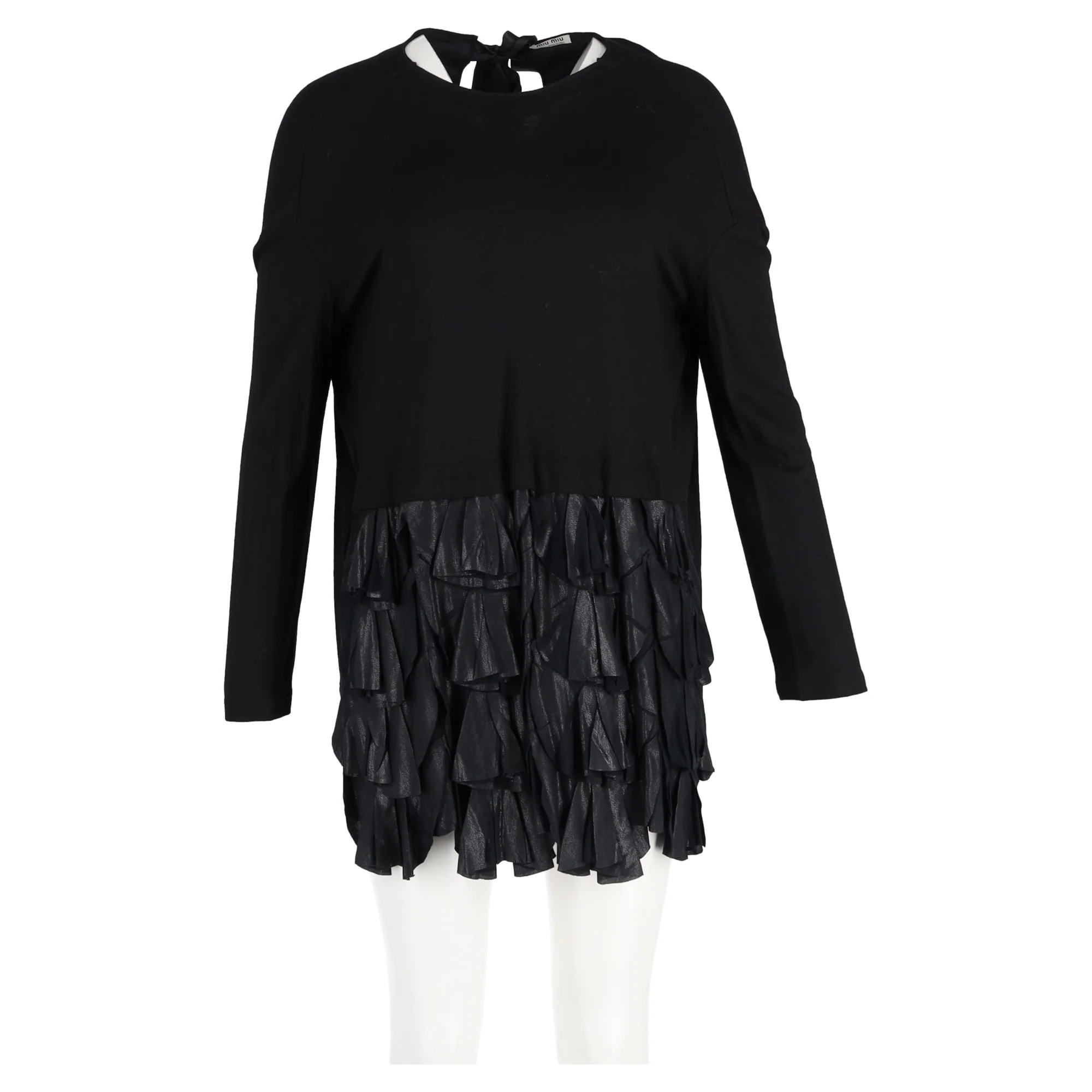 Women's Miu Miu Mini Long-Sleeved With Ruffles Dress in Black Cotton - Image 4
