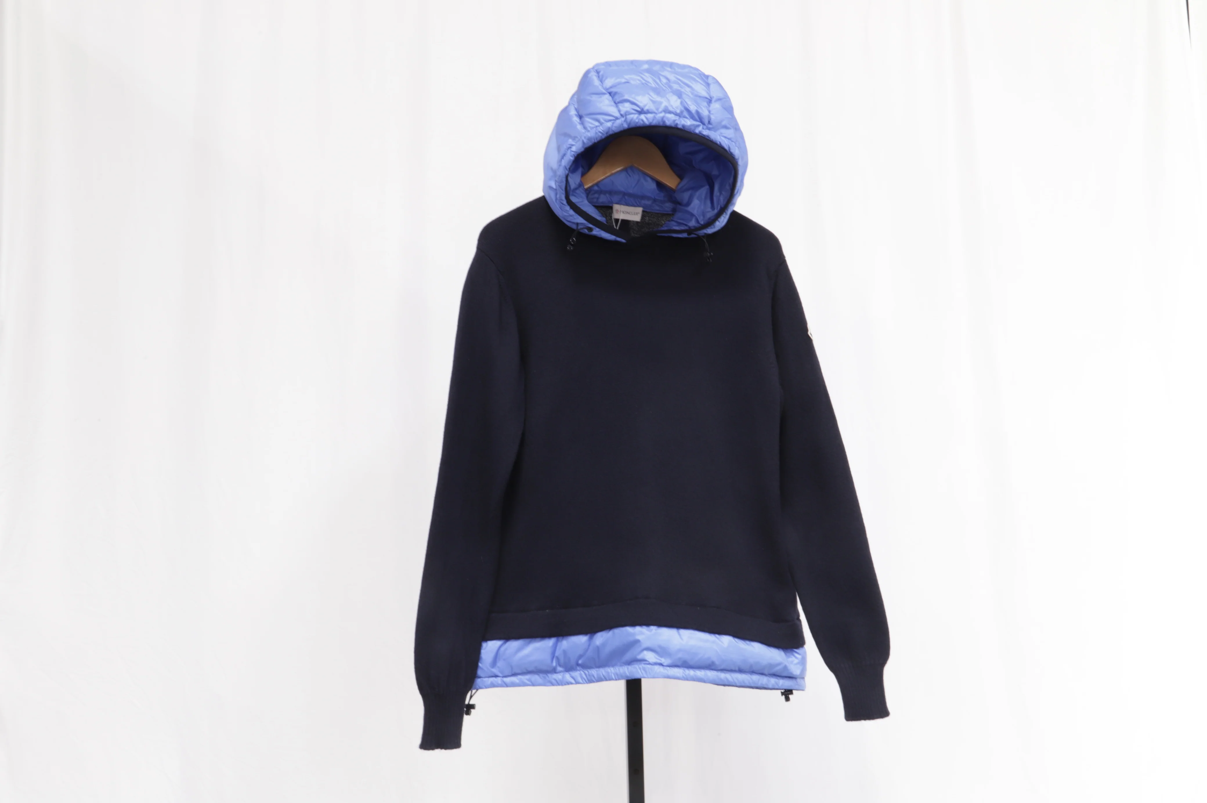 Men's Moncler Padded Accent Hooded Sweater in Navy Blue Wool and Polyamide - Image 7