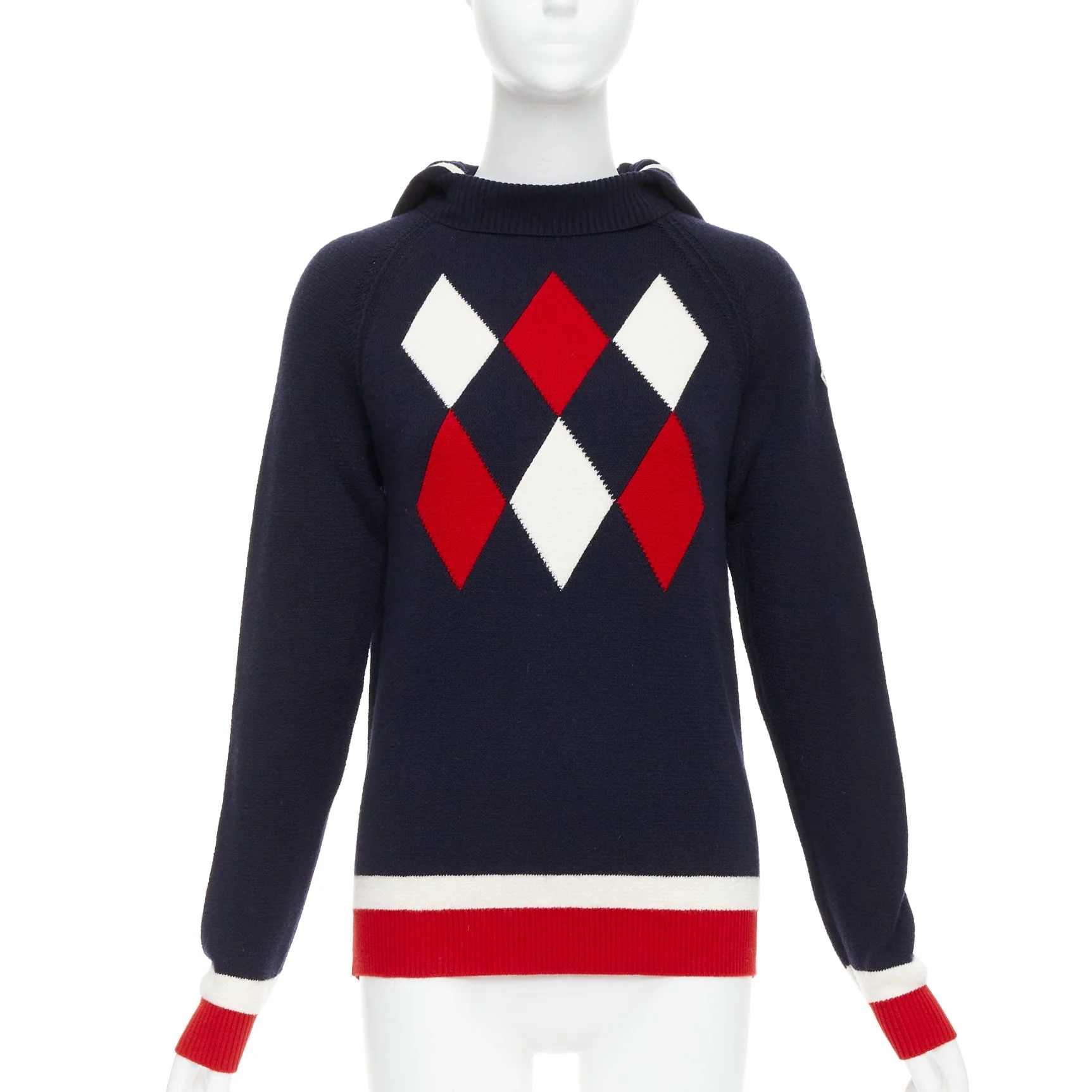 Women's MONCLER 2017 red navy white wool argyle turtleneck sweater top XS - Image 10