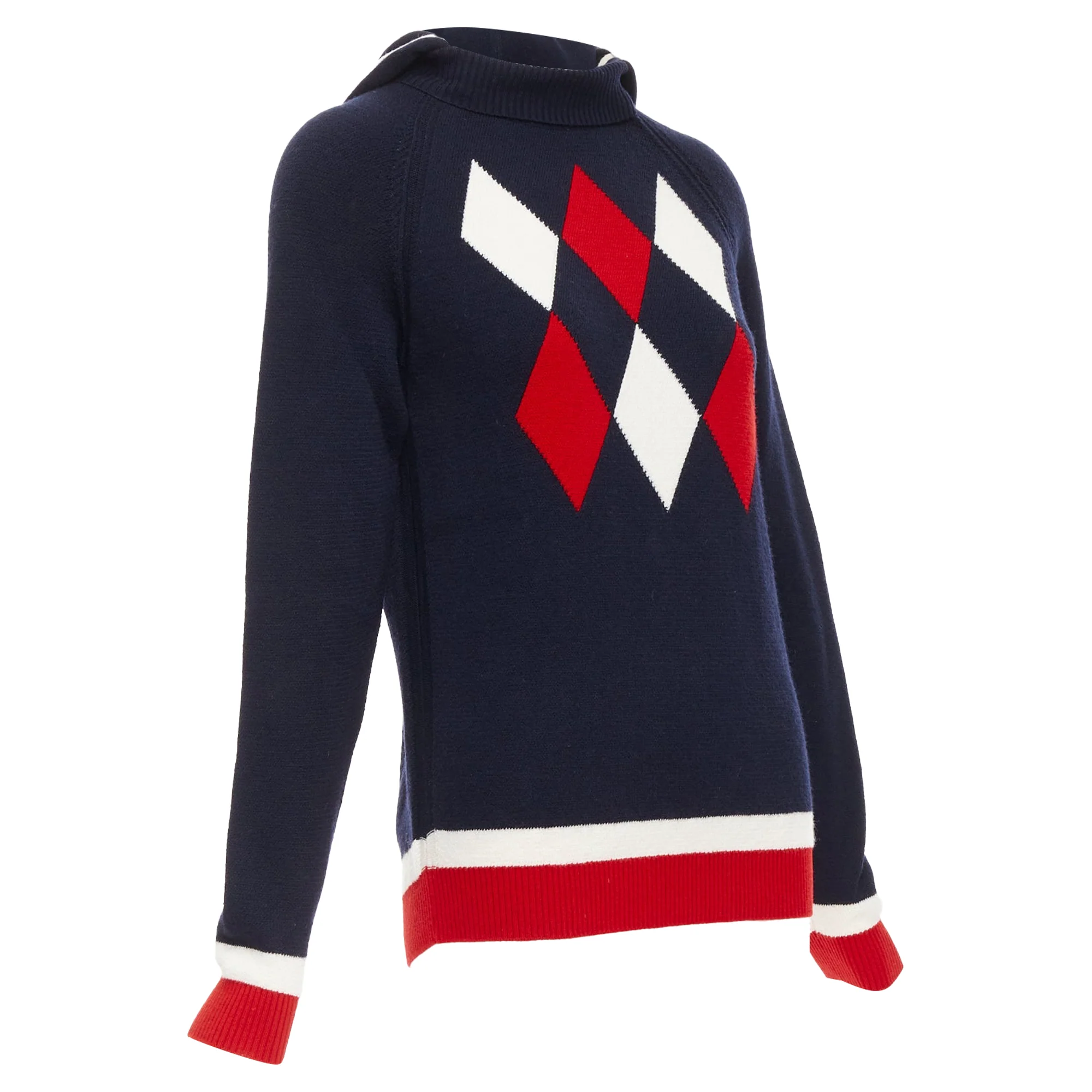 Women's MONCLER 2017 red navy white wool argyle turtleneck sweater top XS - Image 3