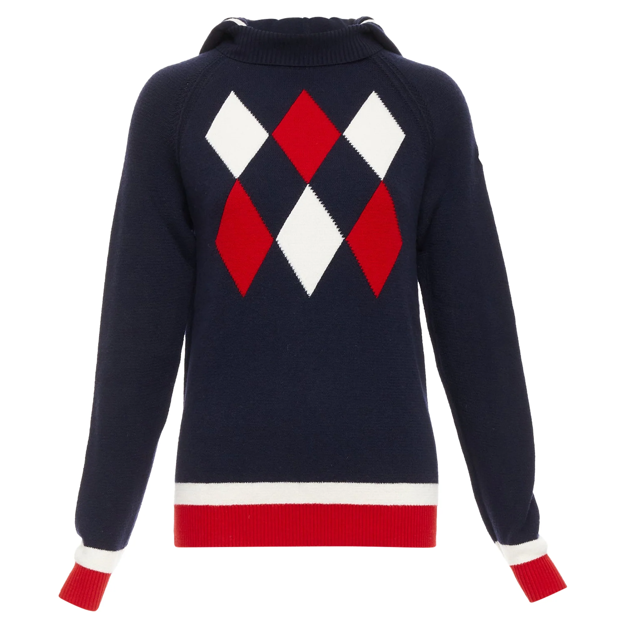 Women's MONCLER 2017 red navy white wool argyle turtleneck sweater top XS - Image 9