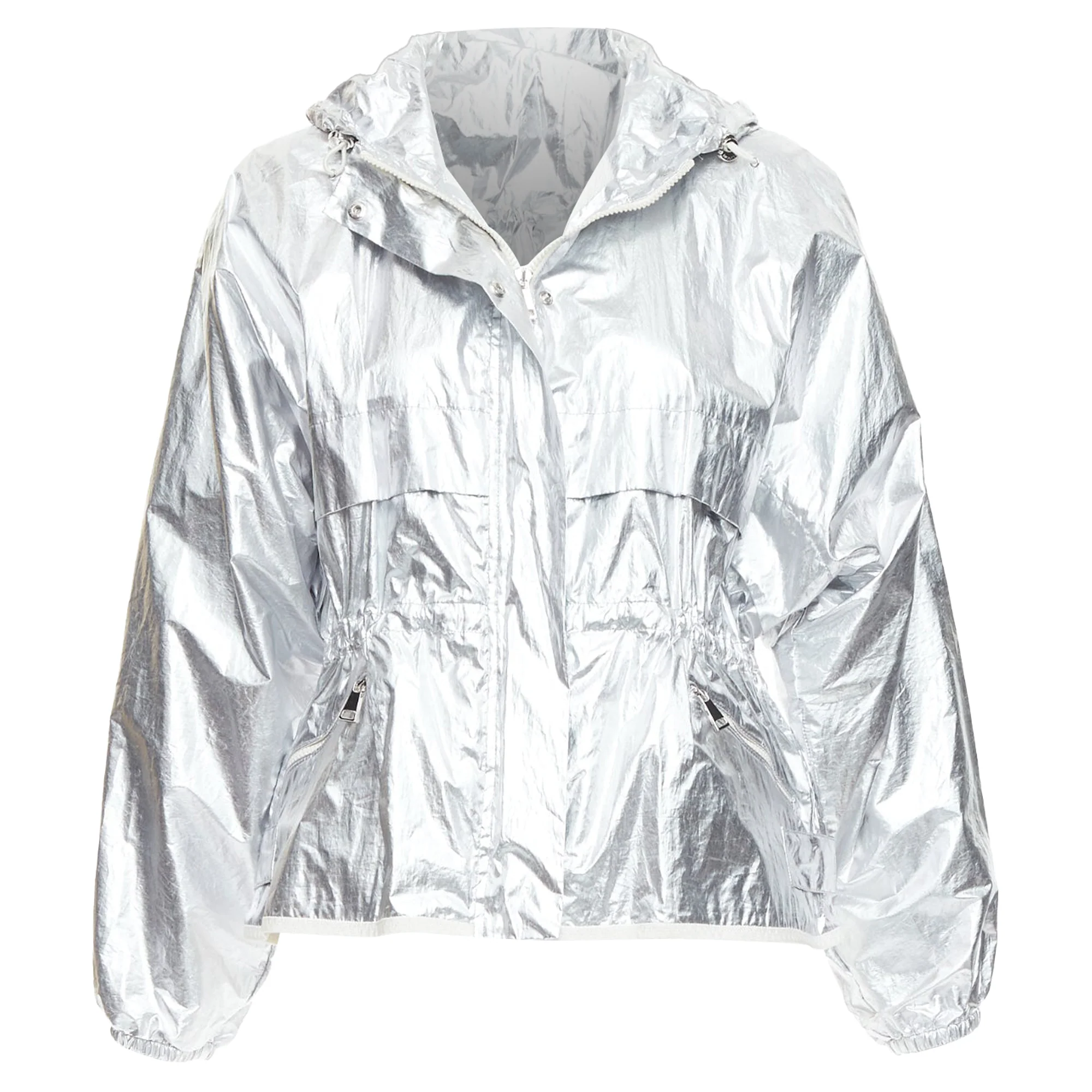 Women's MONCLER silver coated cotton ruched waist hooded windbreaker Sz2 - Image 10