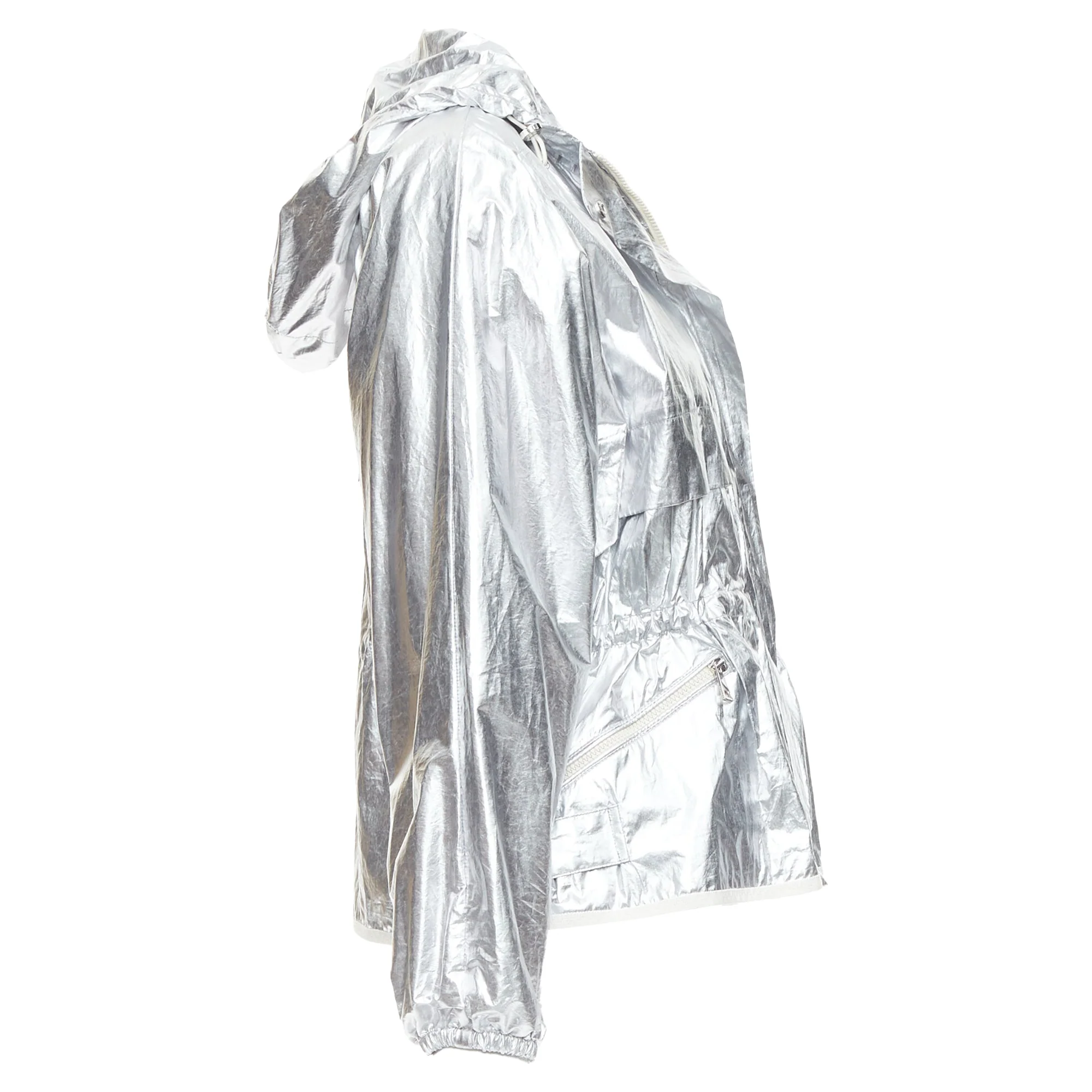 Women's MONCLER silver coated cotton ruched waist hooded windbreaker Sz2 - Image 5