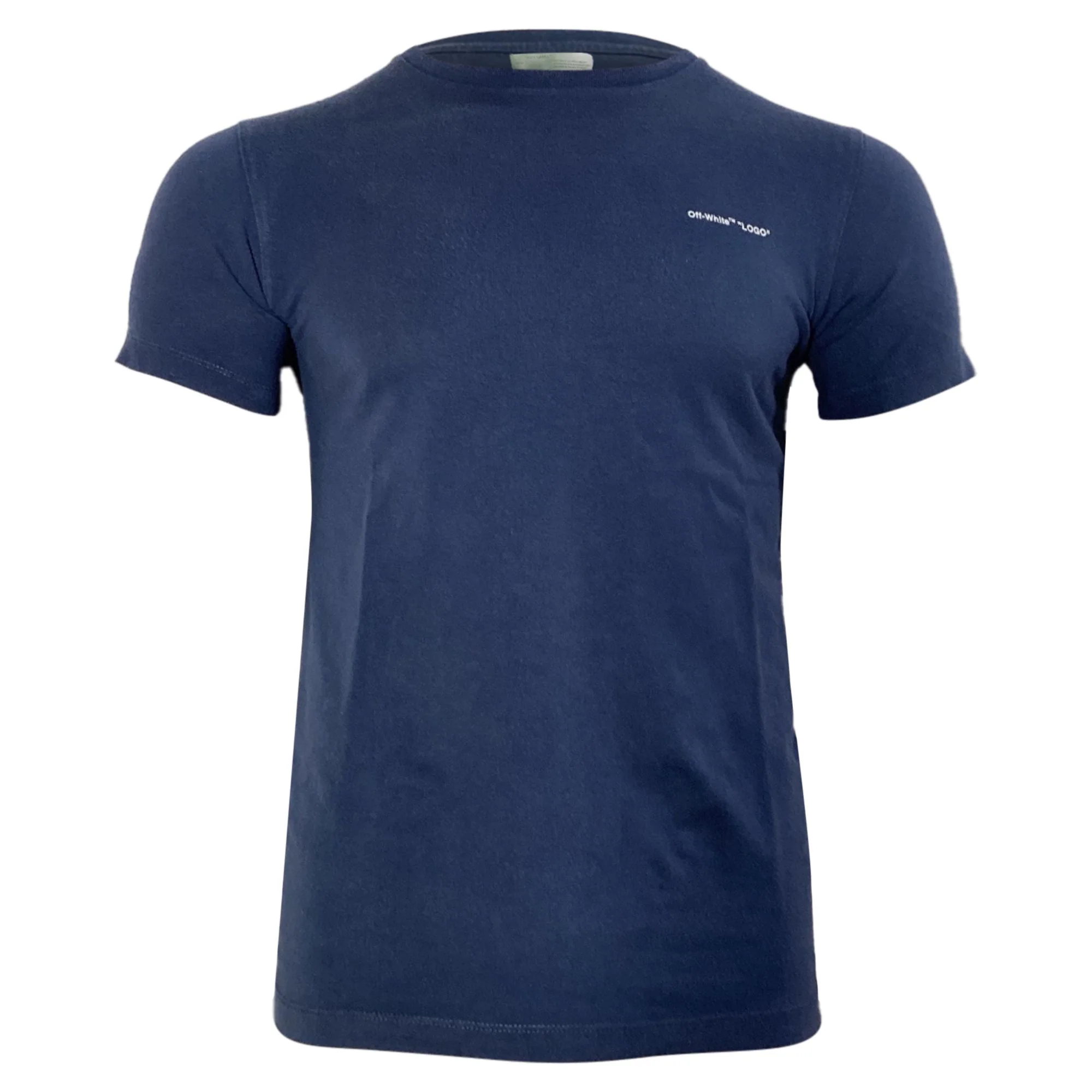 Men's Off-White Logo Print Crewneck T-Shirt in Navy Blue Cotton