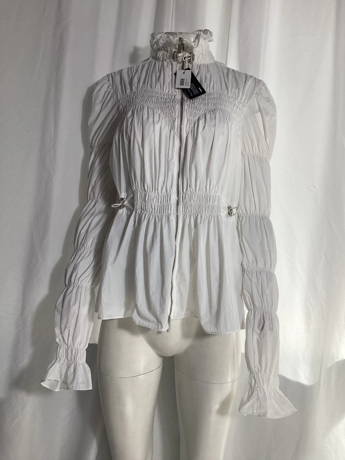 Women's Off-White Smocked Zipped Blouse in White Nylon - Image 7