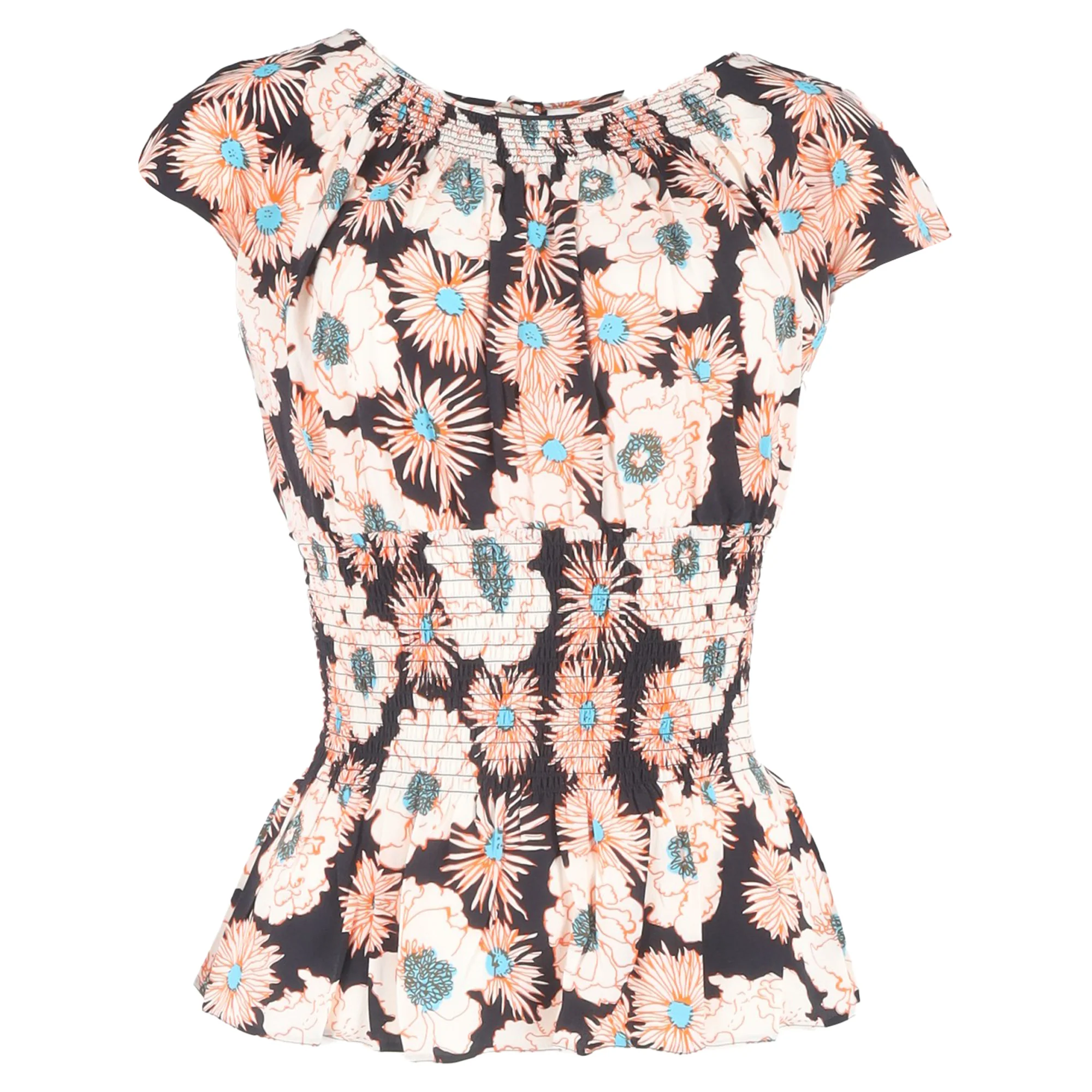 Women's Prada Floral Printed Shirred Blouse in Multicolor Viscose