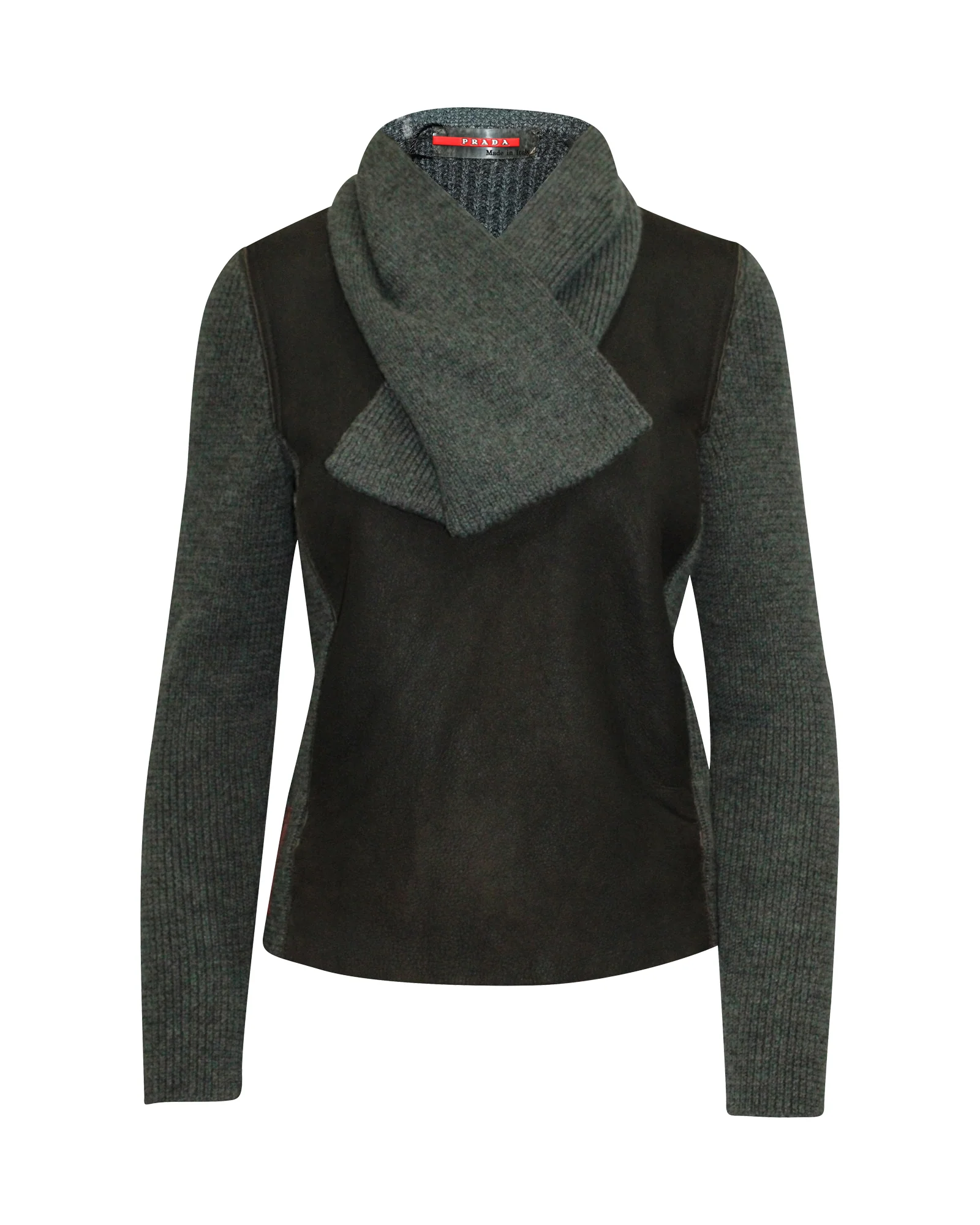 Women's Prada Knitted Sweater with Leather Bodice in Grey Virgin Wool - Image 3