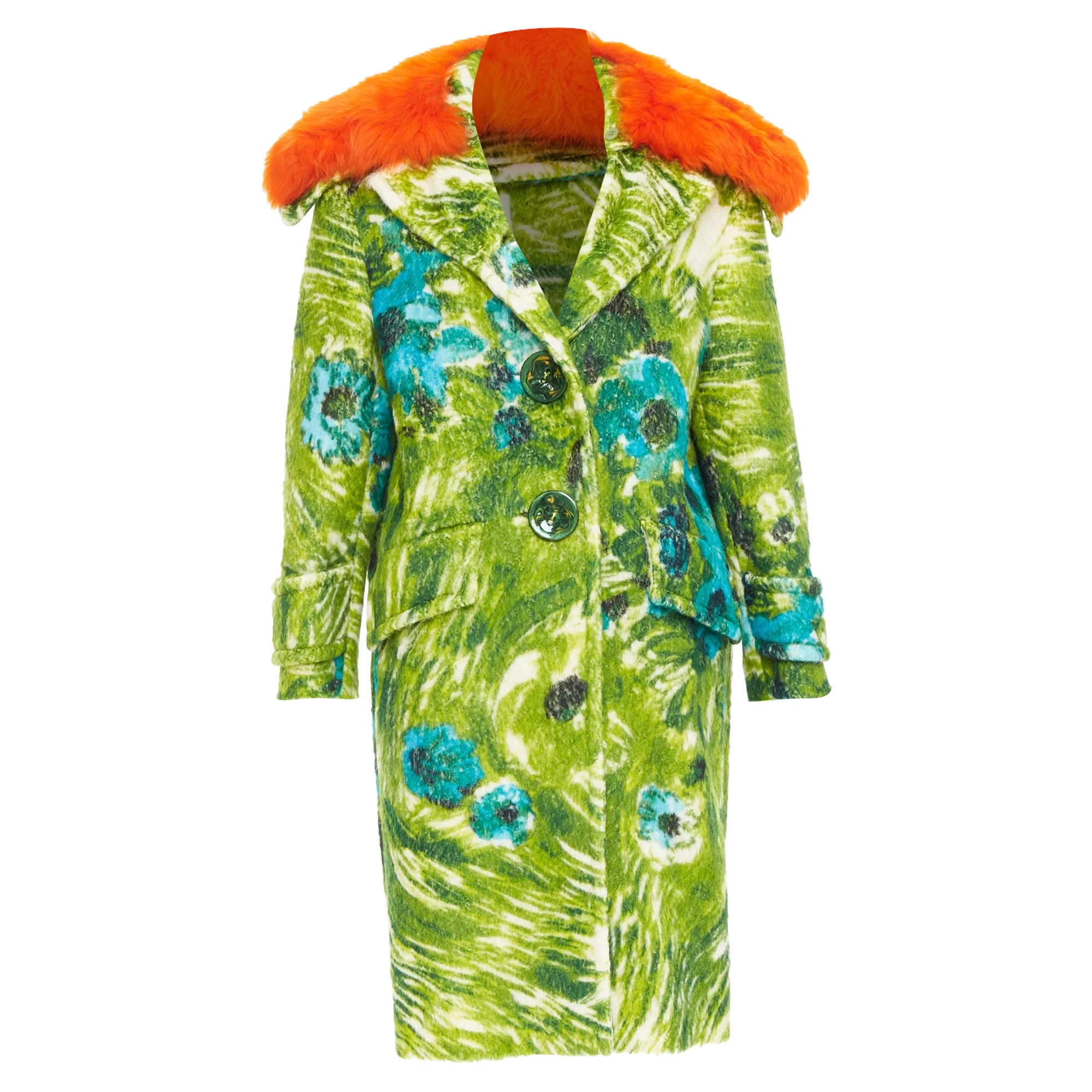 Women's rare PRADA 2017 Runway alpaca green floral orange sheep fur collar coat IT40 S