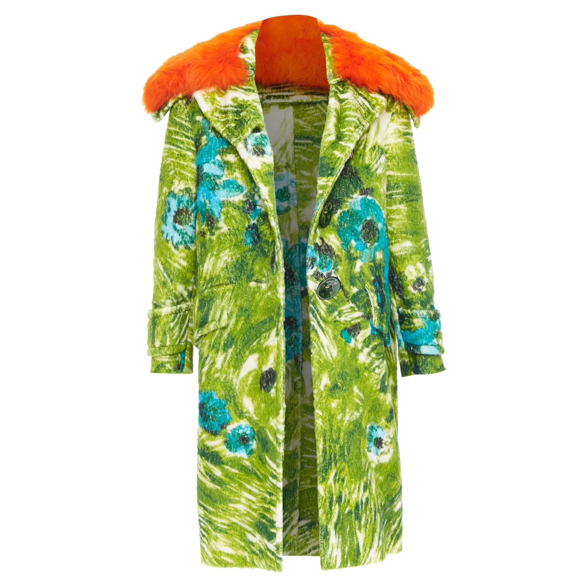Women's rare PRADA 2017 Runway alpaca green floral orange sheep fur collar coat IT40 S - Image 3