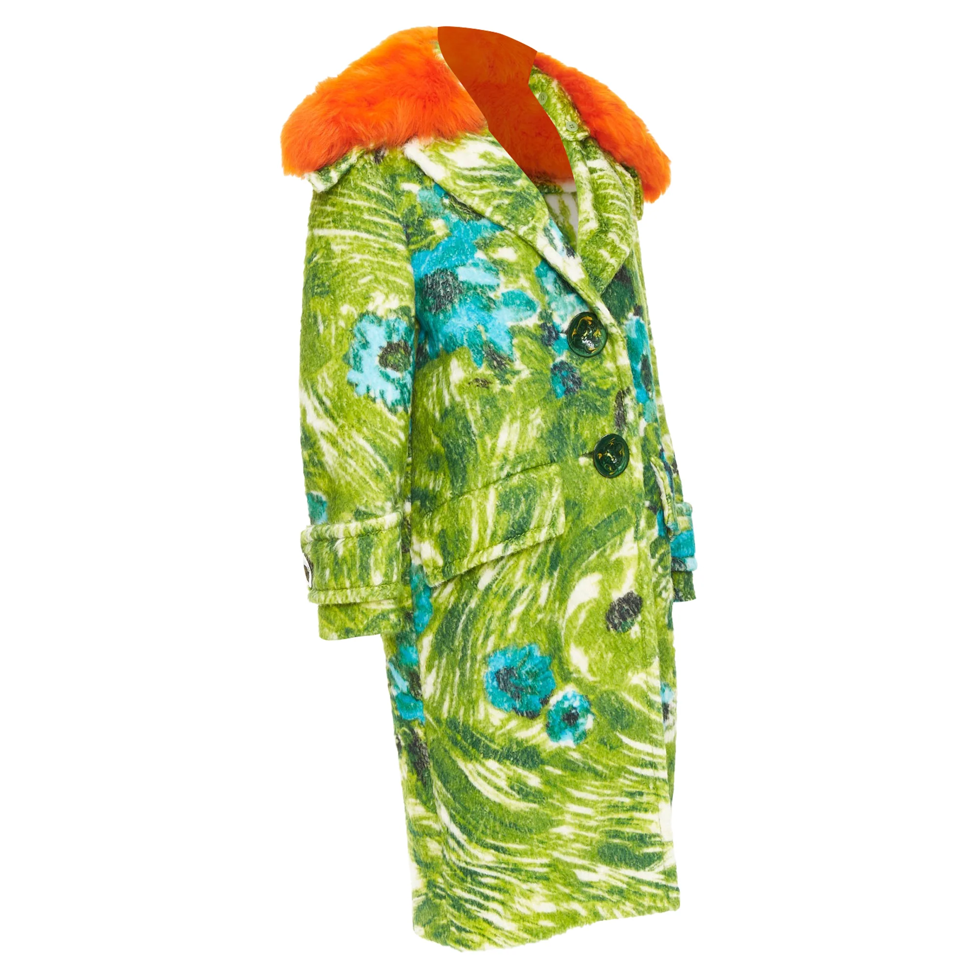 Women's rare PRADA 2017 Runway alpaca green floral orange sheep fur collar coat IT40 S - Image 4