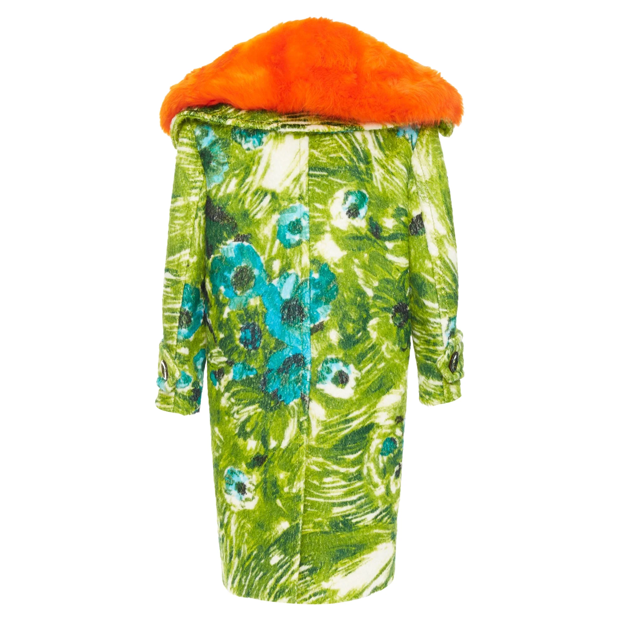 Women's rare PRADA 2017 Runway alpaca green floral orange sheep fur collar coat IT40 S - Image 6