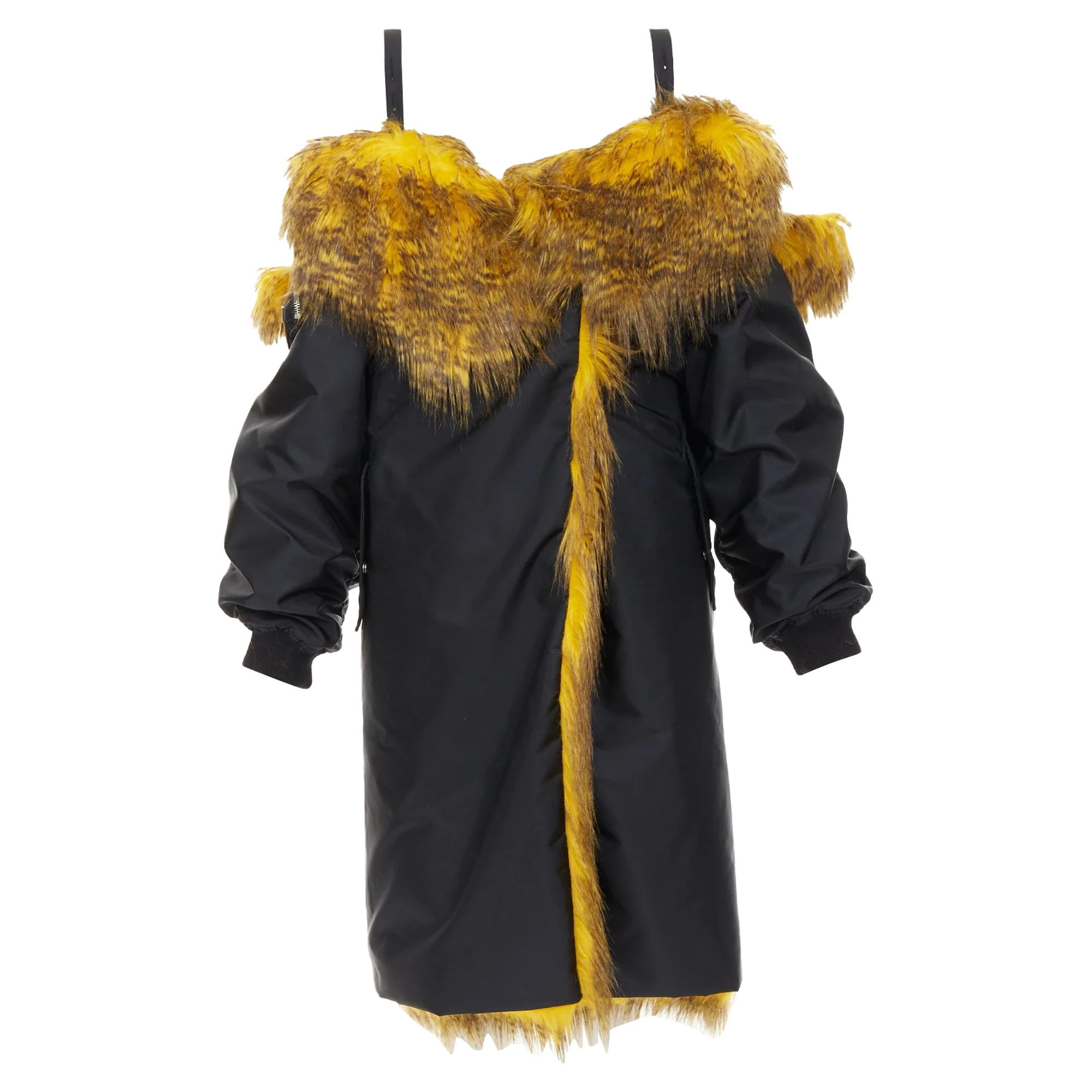 Women's rare PRADA 2021 Raf Simons Runway yellow fur black off shoulder bomber IT38 XS