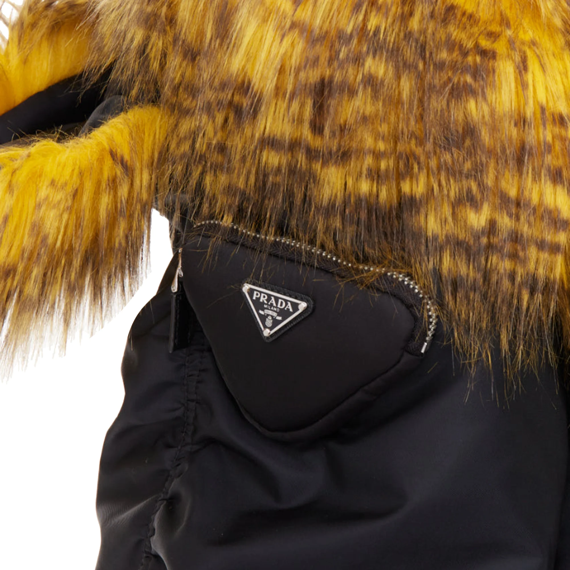 Women's rare PRADA 2021 Raf Simons Runway yellow fur black off shoulder bomber IT38 XS - Image 2