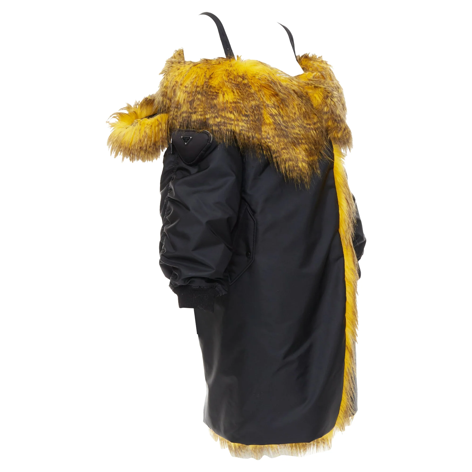 Women's rare PRADA 2021 Raf Simons Runway yellow fur black off shoulder bomber IT38 XS - Image 3