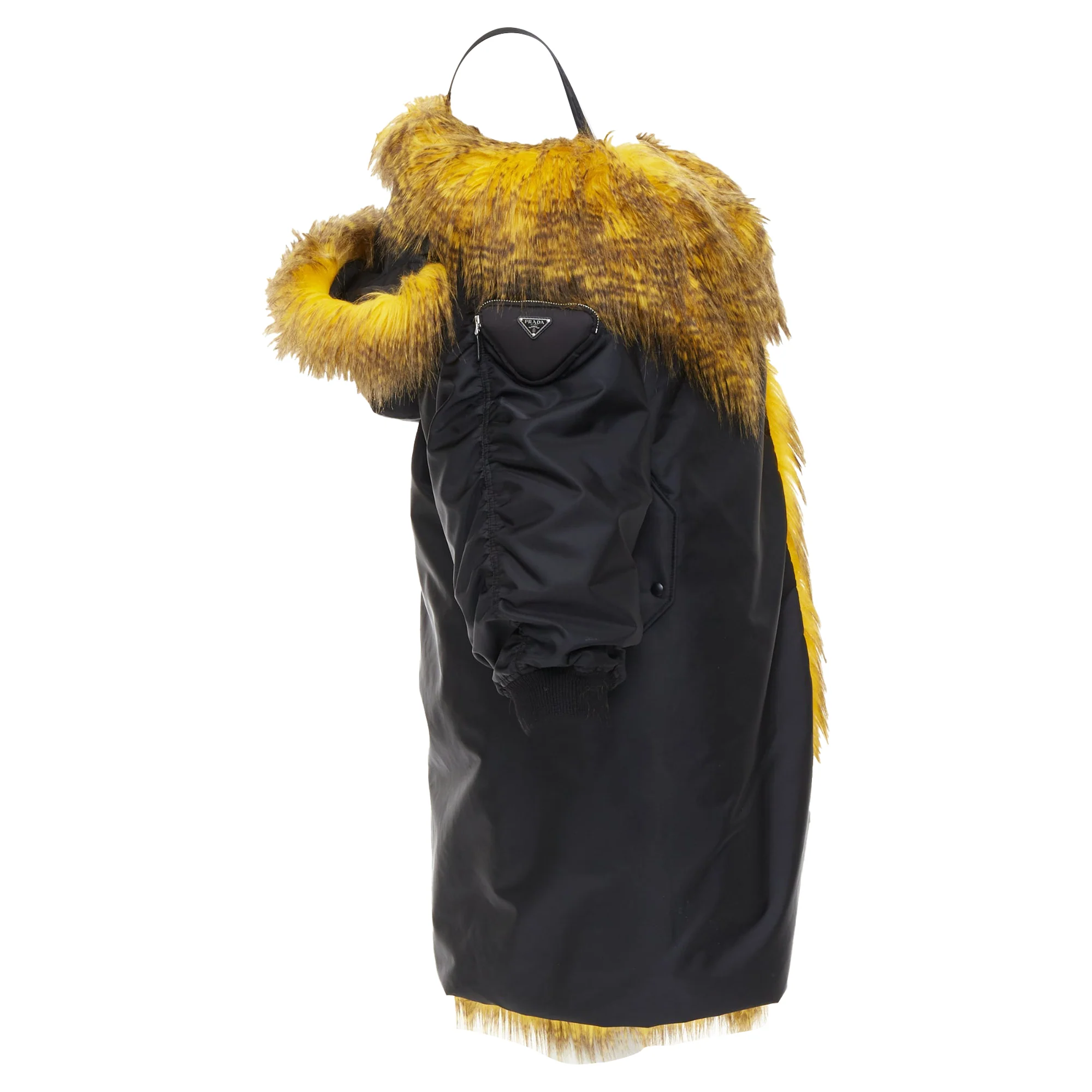 Women's rare PRADA 2021 Raf Simons Runway yellow fur black off shoulder bomber IT38 XS - Image 4