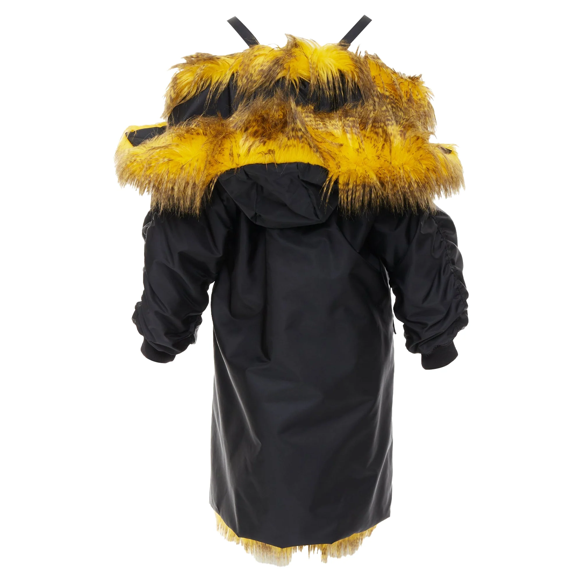 Women's rare PRADA 2021 Raf Simons Runway yellow fur black off shoulder bomber IT38 XS - Image 5