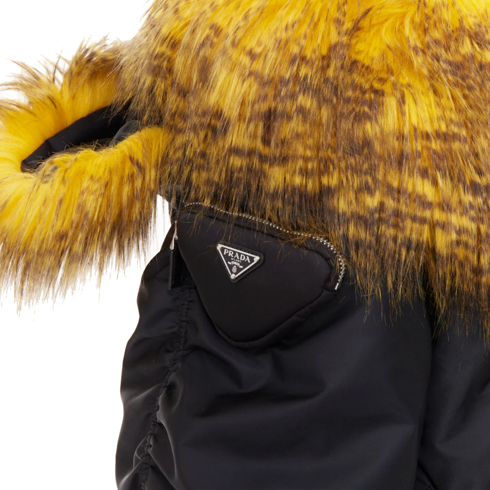 Women's rare PRADA 2021 Raf Simons Runway yellow fur oversized off shoulder coat IT36 XS - Image 2