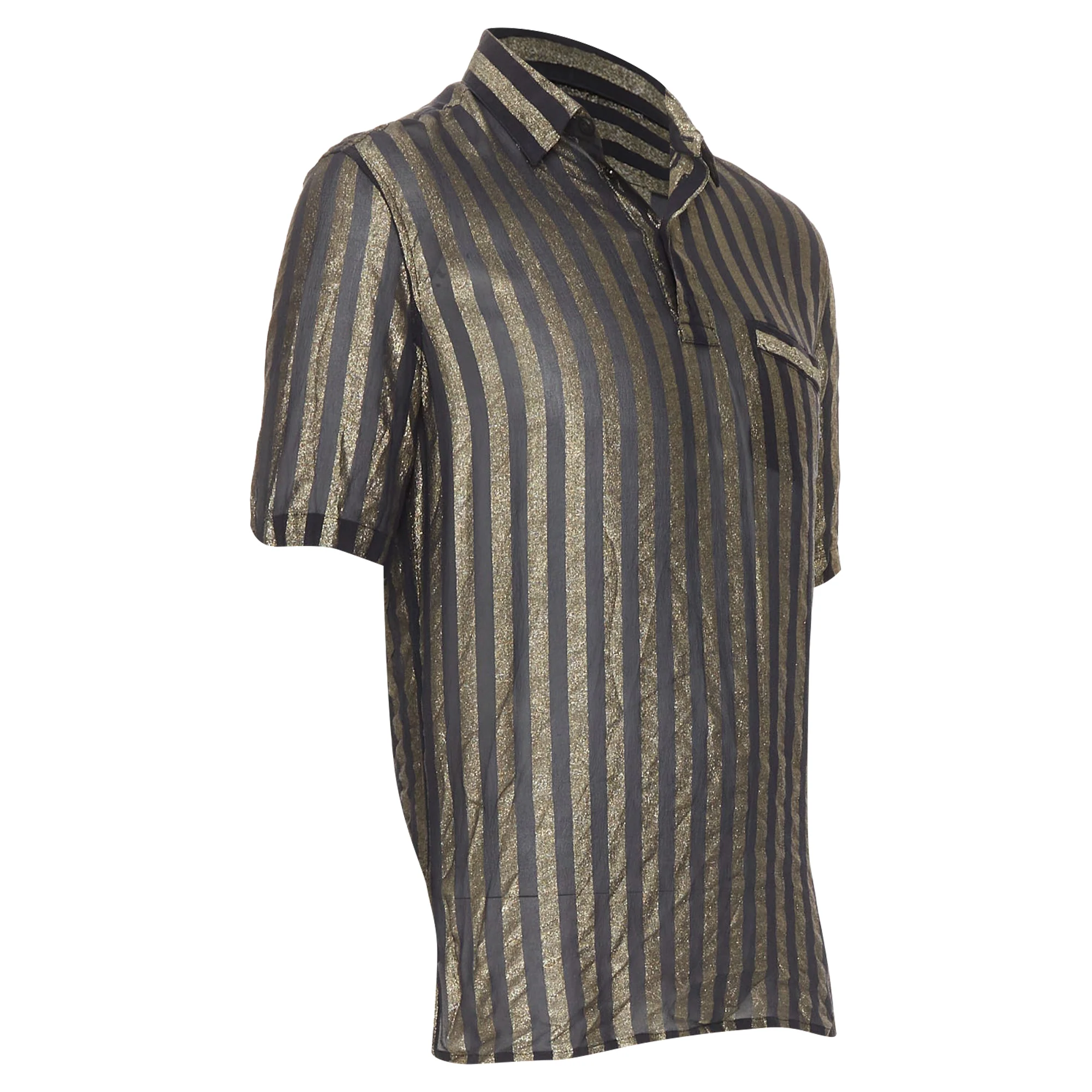 Men's SAINT LAURENT 2019 Runway black gold metallic lurex striped sheer shirt EU38 S - Image 3