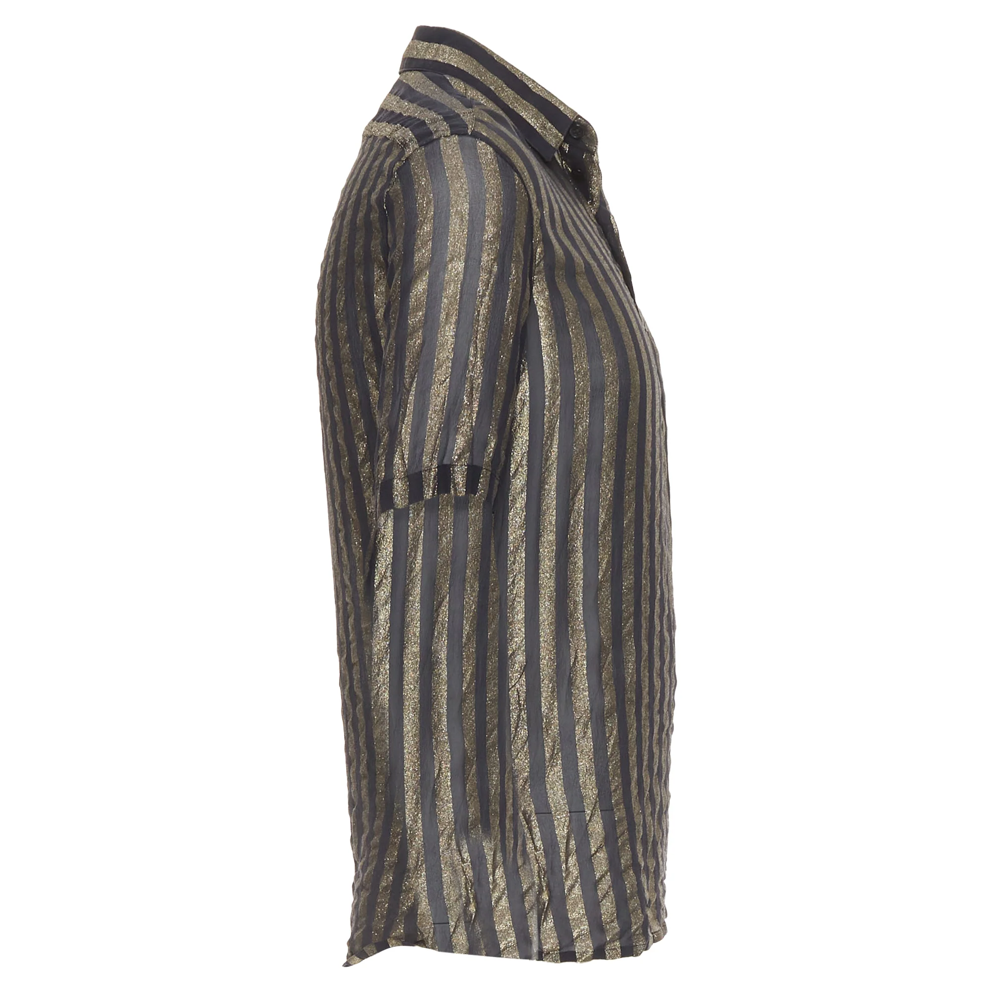 Men's SAINT LAURENT 2019 Runway black gold metallic lurex striped sheer shirt EU38 S - Image 4