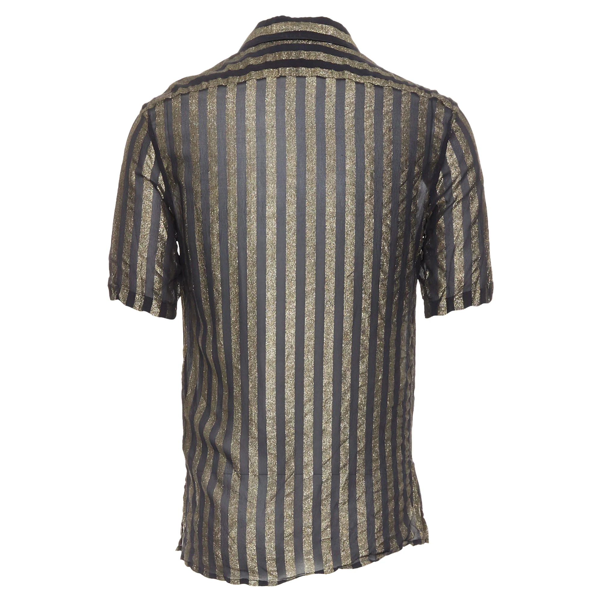 Men's SAINT LAURENT 2019 Runway black gold metallic lurex striped sheer shirt EU38 S - Image 5