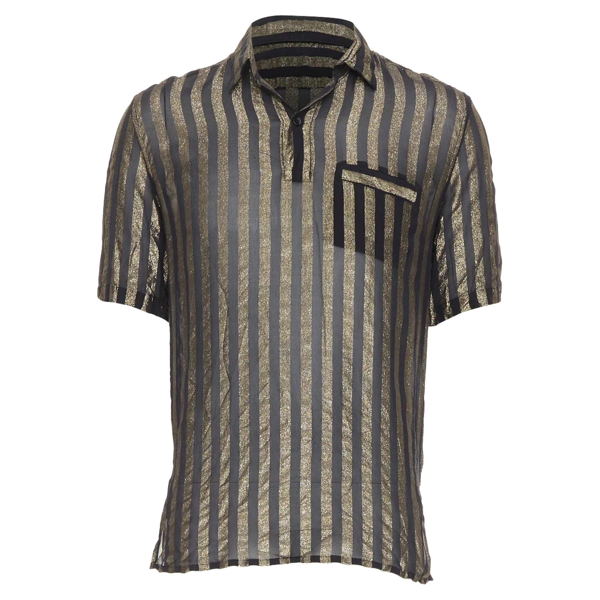 Men's SAINT LAURENT 2019 Runway black gold metallic lurex striped sheer shirt EU38 S - Image 9