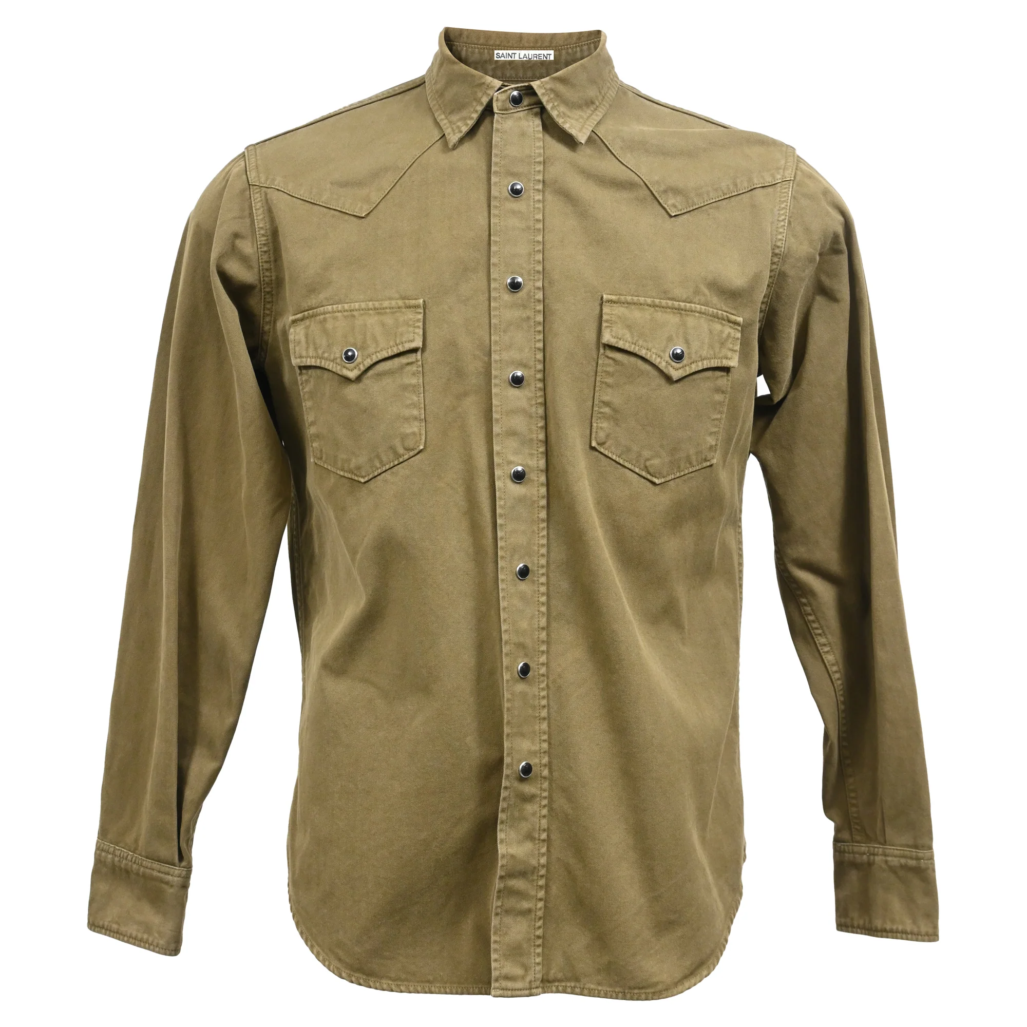 Men's Saint Laurent Button-Down Shirt with Pockets in Olive Cotton