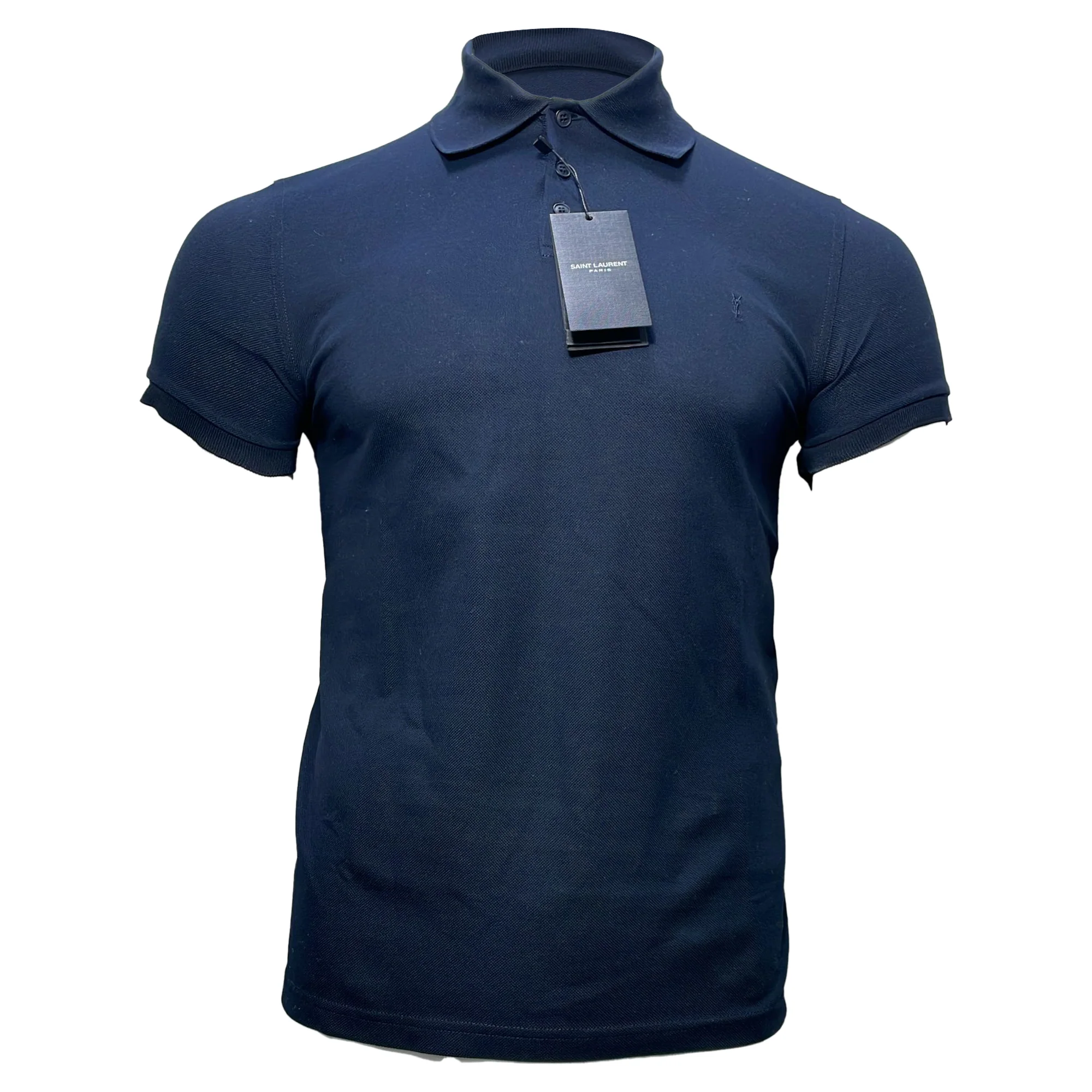 Men's Saint Laurent Cassandre Embroidered-Logo Polo Shirt in Navy Blue Cotton
