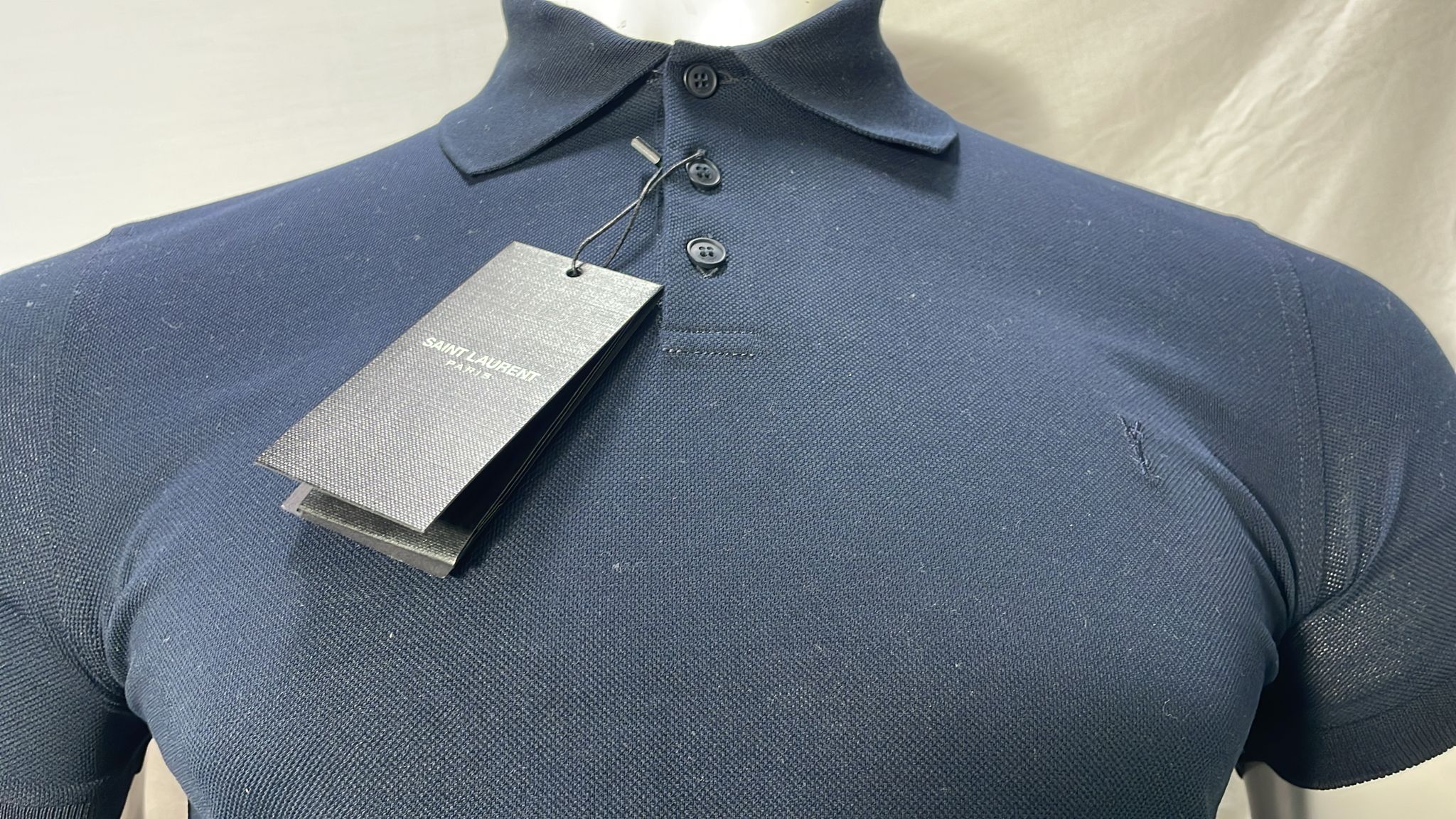 Men's Saint Laurent Cassandre Embroidered-Logo Polo Shirt in Navy Blue Cotton - Image 9