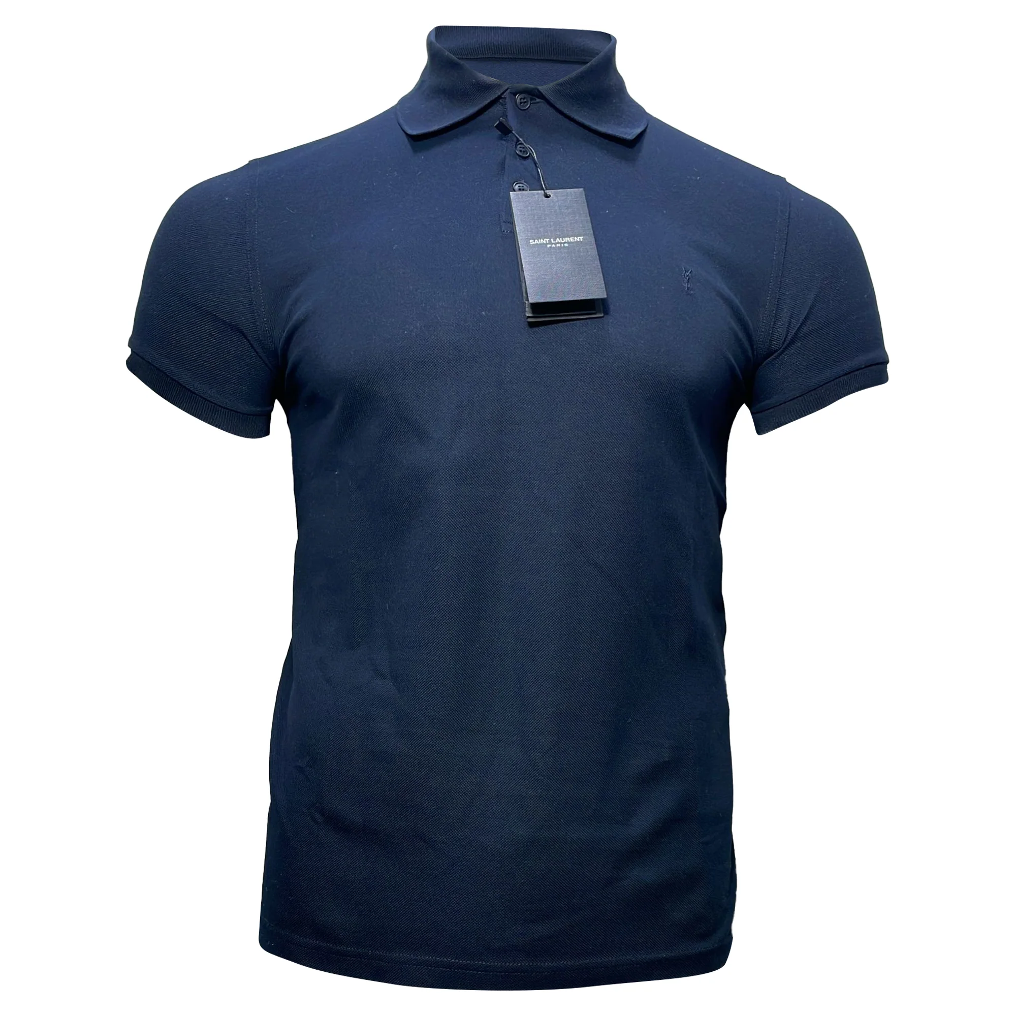 Men's Saint Laurent Cassandre Embroidered-Logo Polo Shirt in Navy Blue Cotton