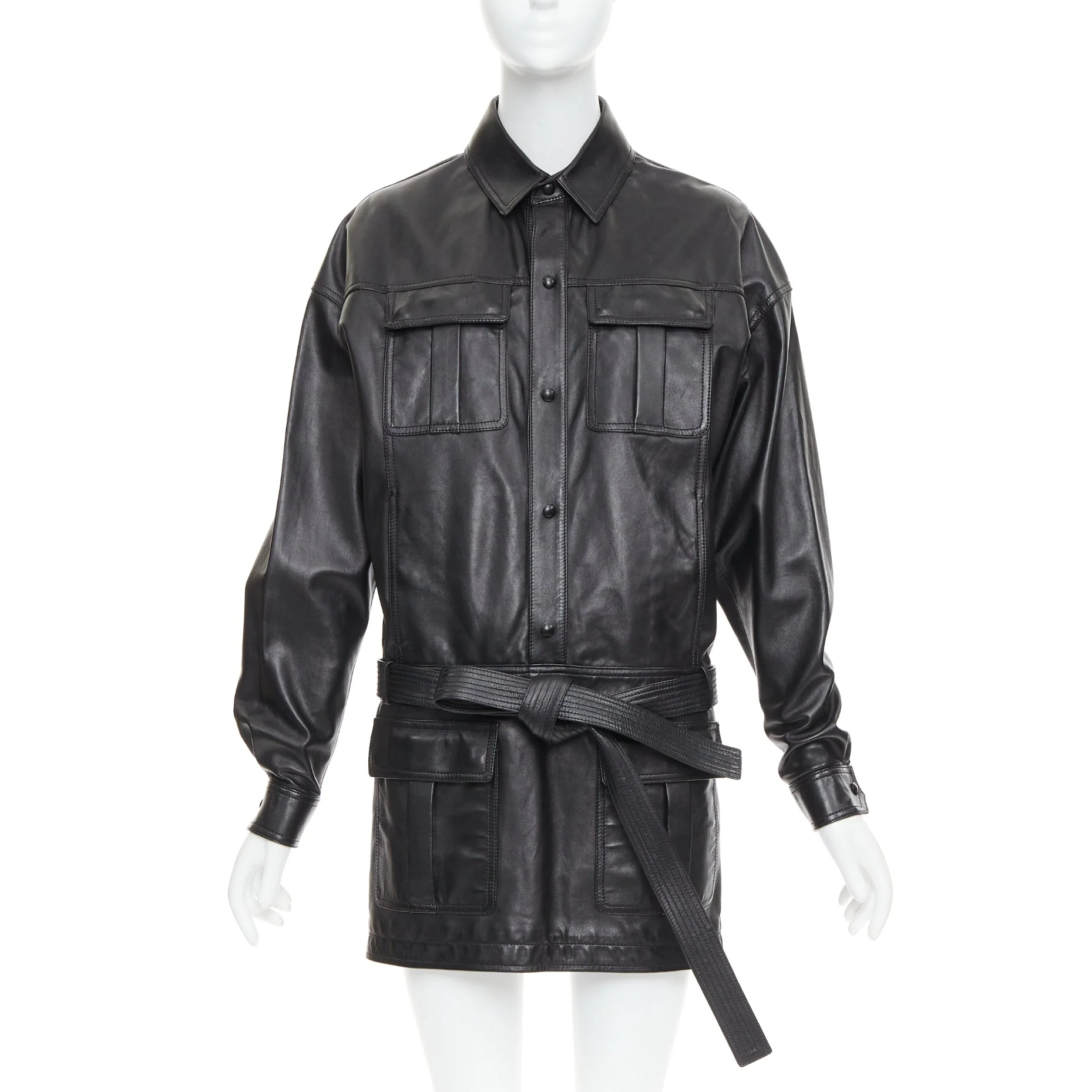 Women's SAINT LAURENT 2018 black lambskin leather low waist safari shirt dress FR36 S
