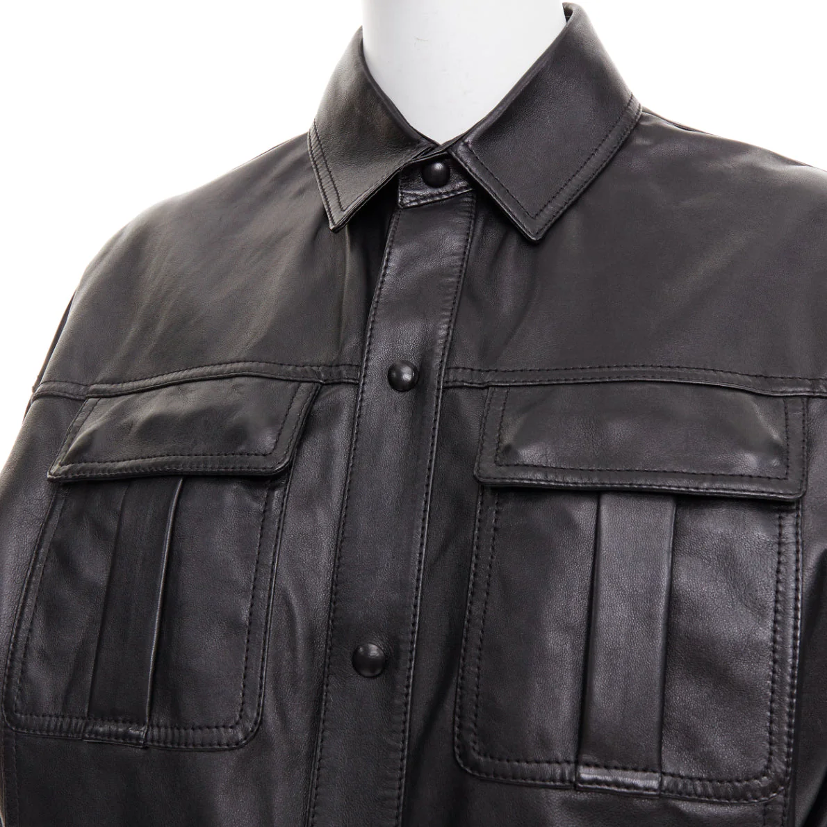 Women's SAINT LAURENT 2018 black lambskin leather low waist safari shirt dress FR36 S - Image 2
