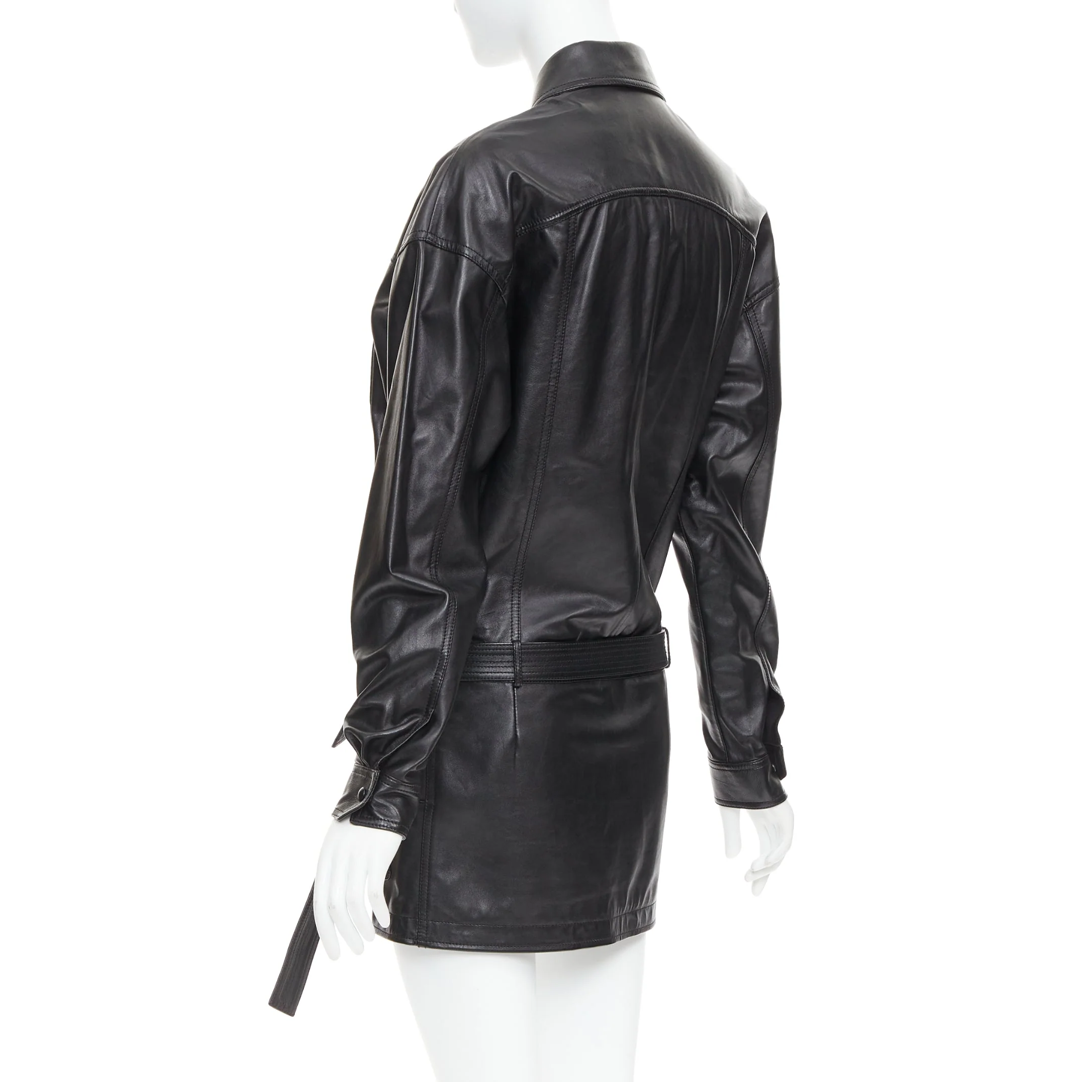 Women's SAINT LAURENT 2018 black lambskin leather low waist safari shirt dress FR36 S - Image 6