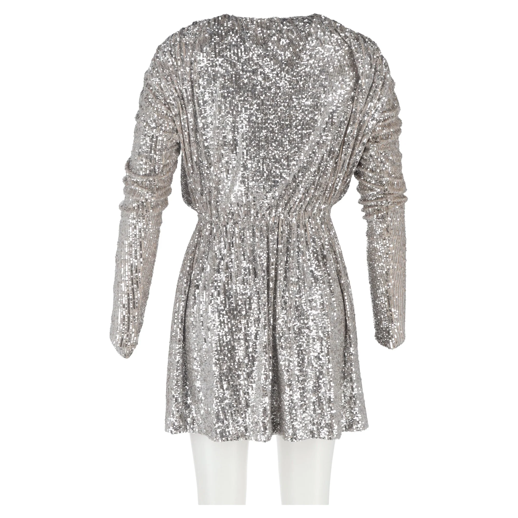 Women's Saint Laurent Bateau Neckline Sequined Mini Dress in Silver Polyester - Image 6