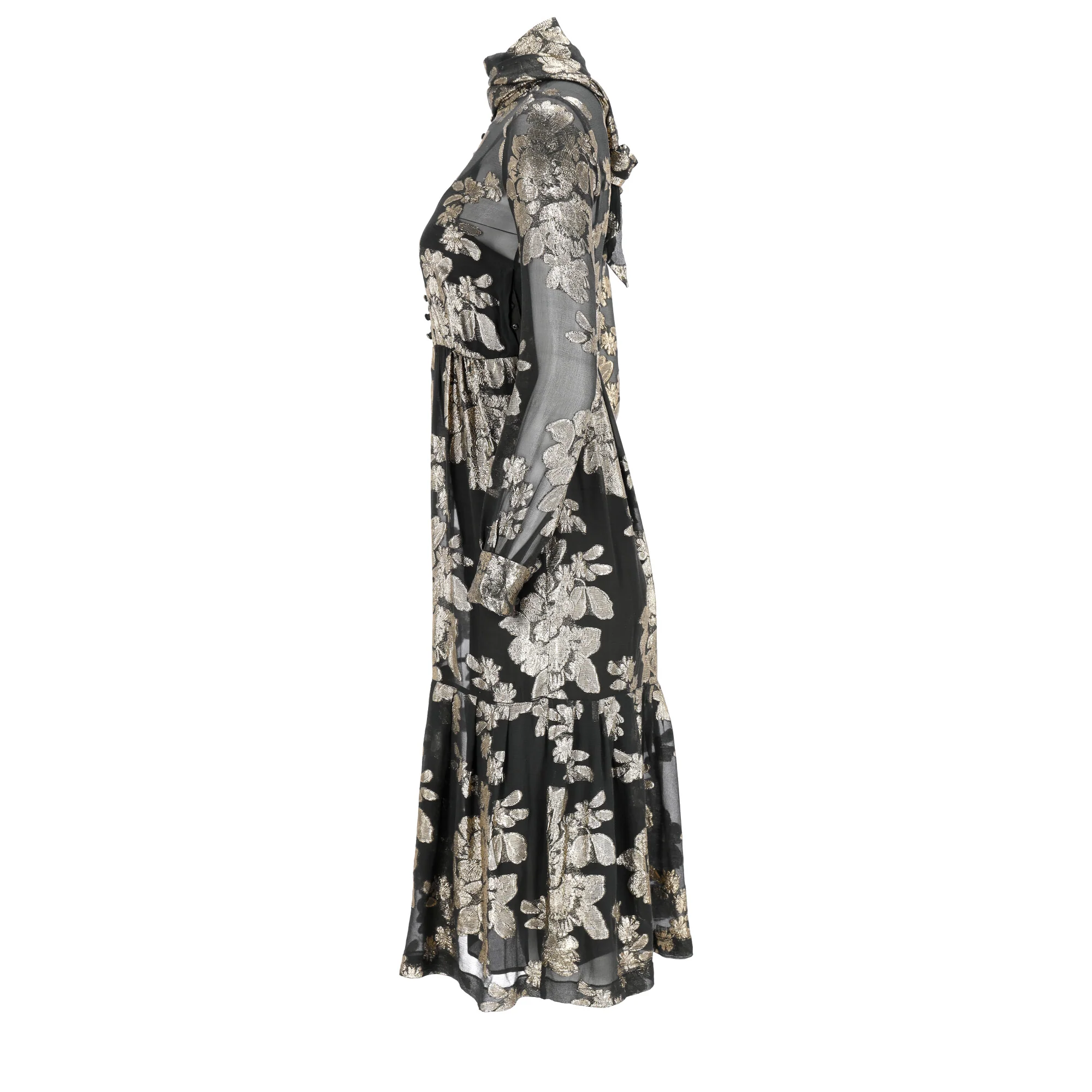 Women's Saint Laurent Floral Sheered Midi Dress in Black Silk - Image 8
