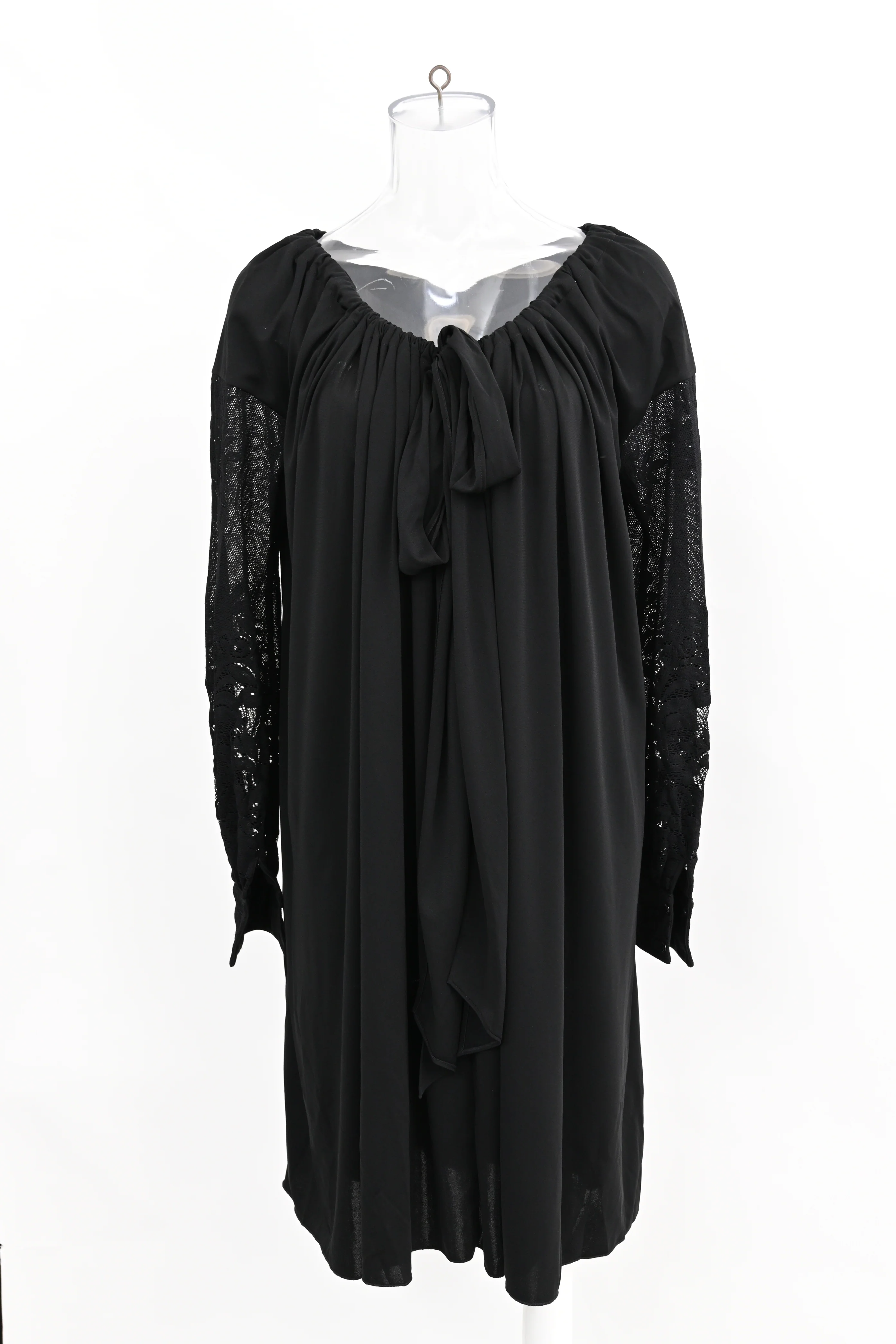 Women's Saint Laurent Lace Sleeve Gathered Neckline Mini Dress in Black Triacetate - Image 6