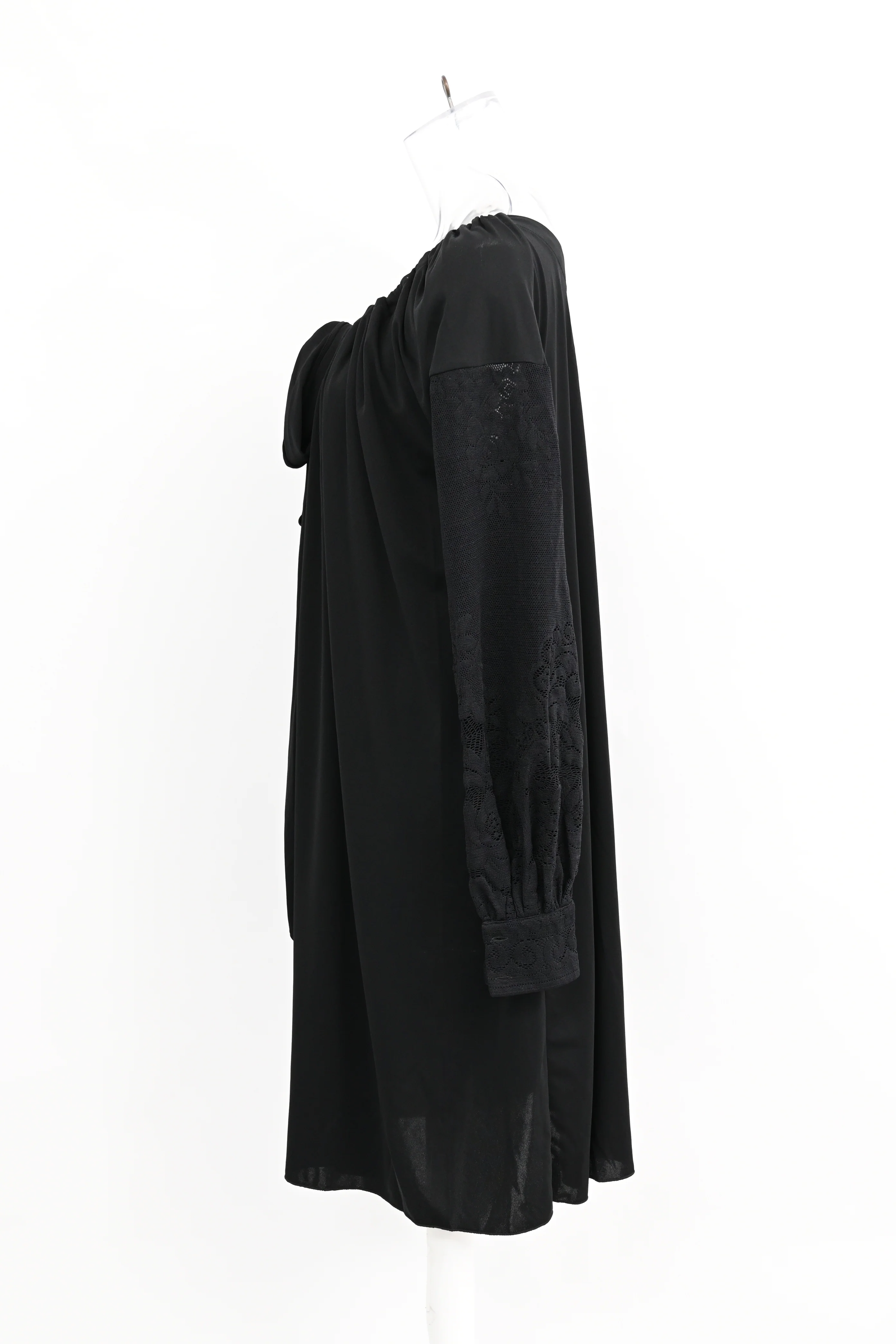 Women's Saint Laurent Lace Sleeve Gathered Neckline Mini Dress in Black Triacetate - Image 7