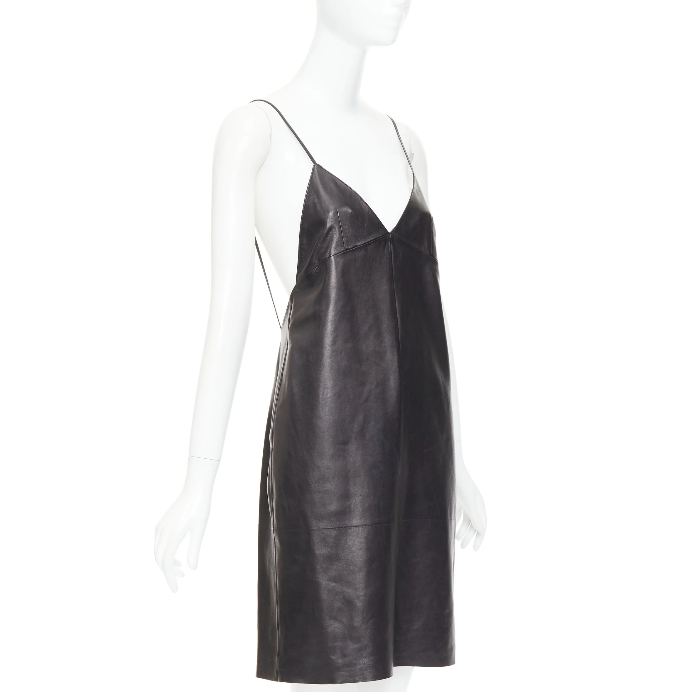 Women's Saint Laurent lambskin plunge low cut open back slip dress - Image 3
