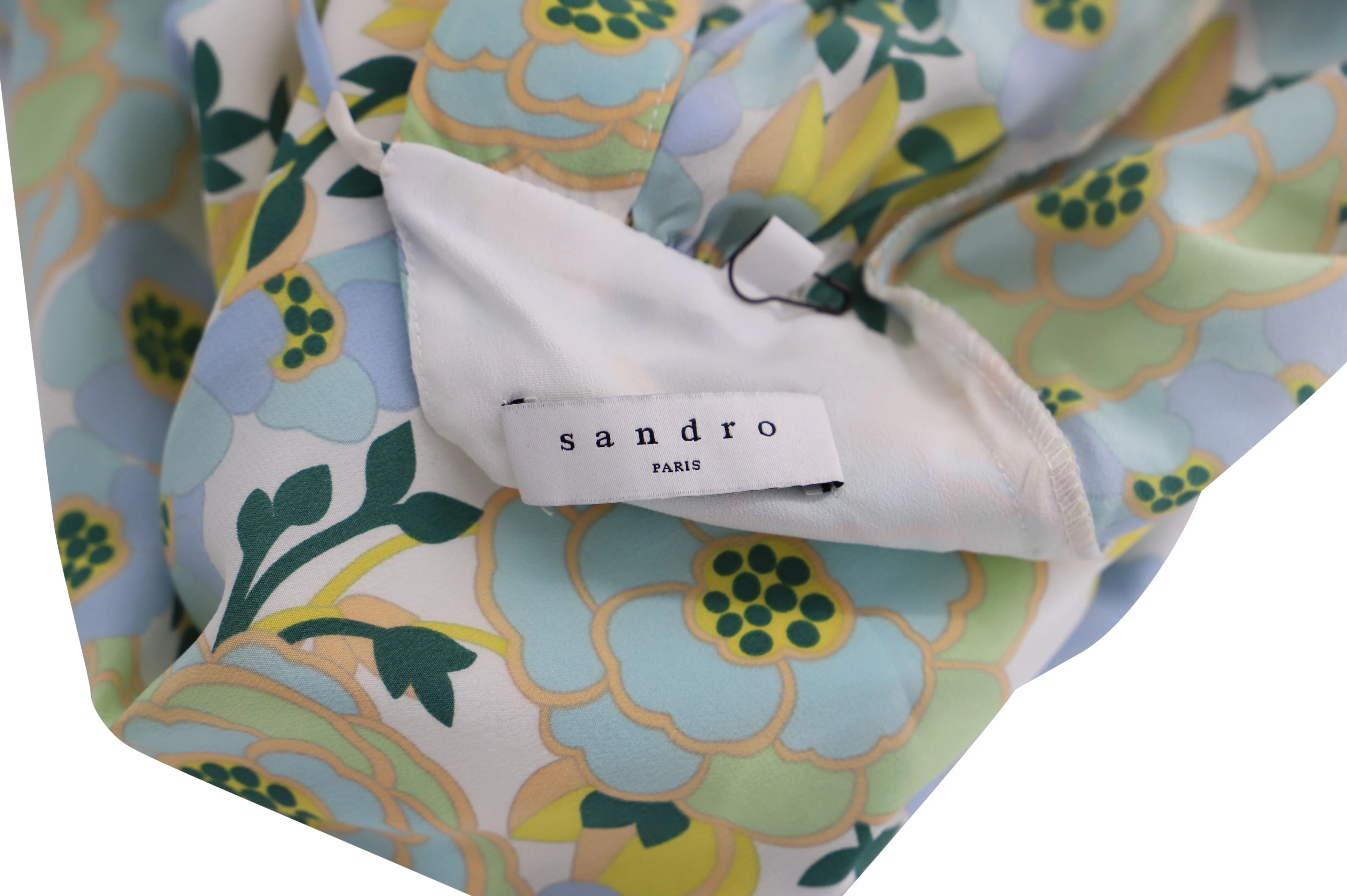 Women's Sandro Paris Bell Sleeve V-neck Floral Midi Dress in Light Blue Silk Chiffon - Image 4