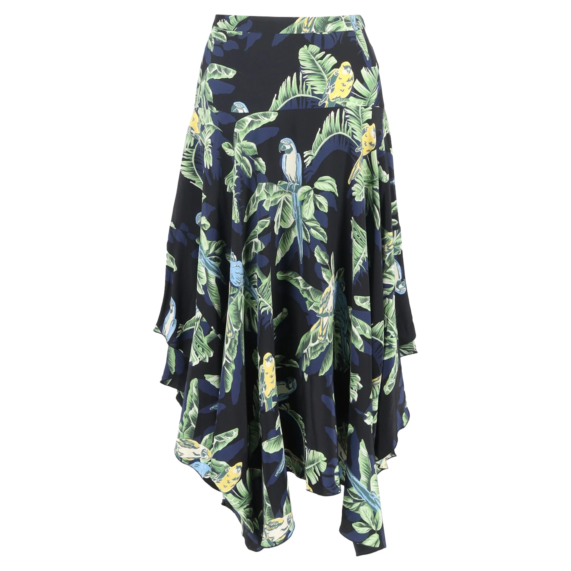 Women's Stella McCartney Birds of Paradise Printed Asymmetric Hem Midi Skirt in Multicolor Silk - Image 3