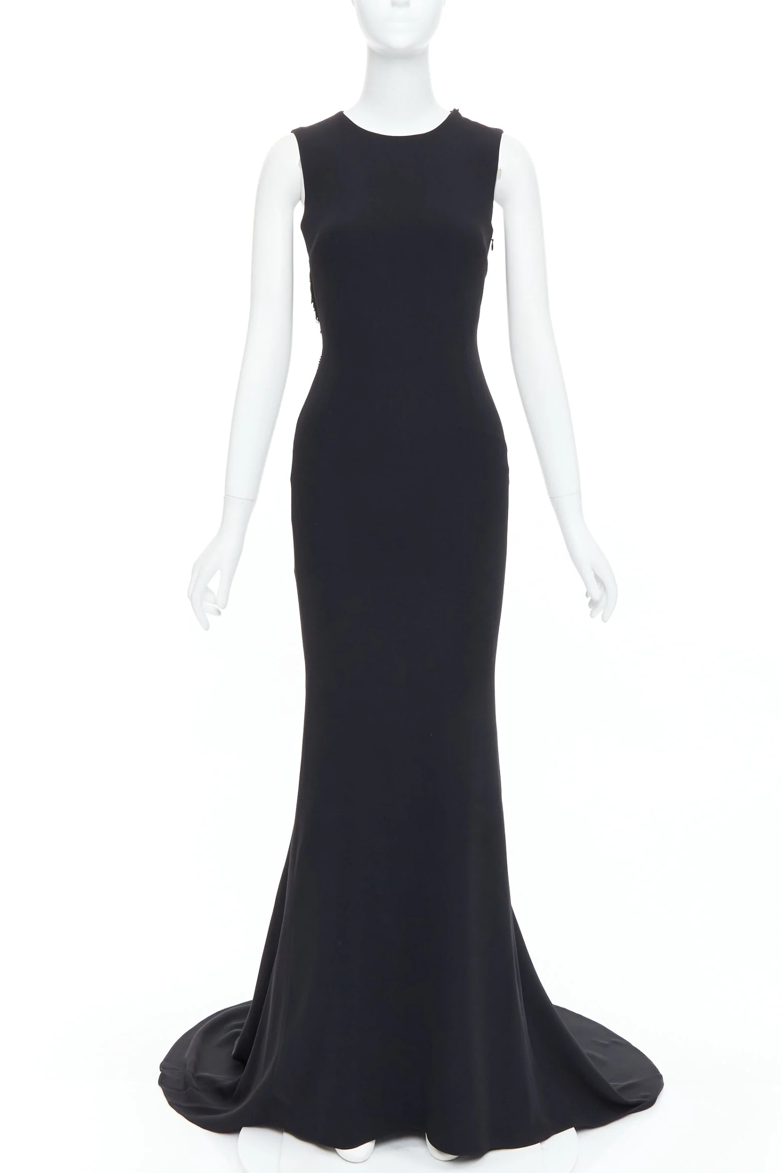 Women's Stella Mccartney black fringe mesh back fitted long train gown - Image 9