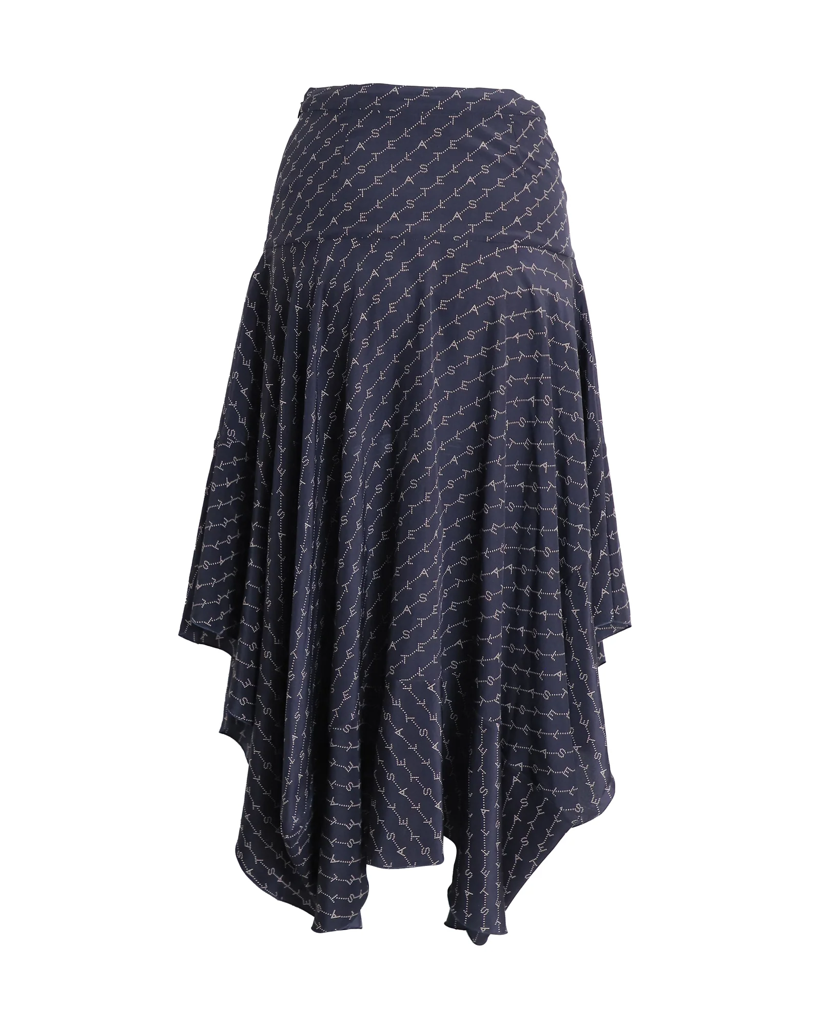 Women's Stella McCartney Logo Print Asymmetric Midi Skirt in Navy Silk - Image 3