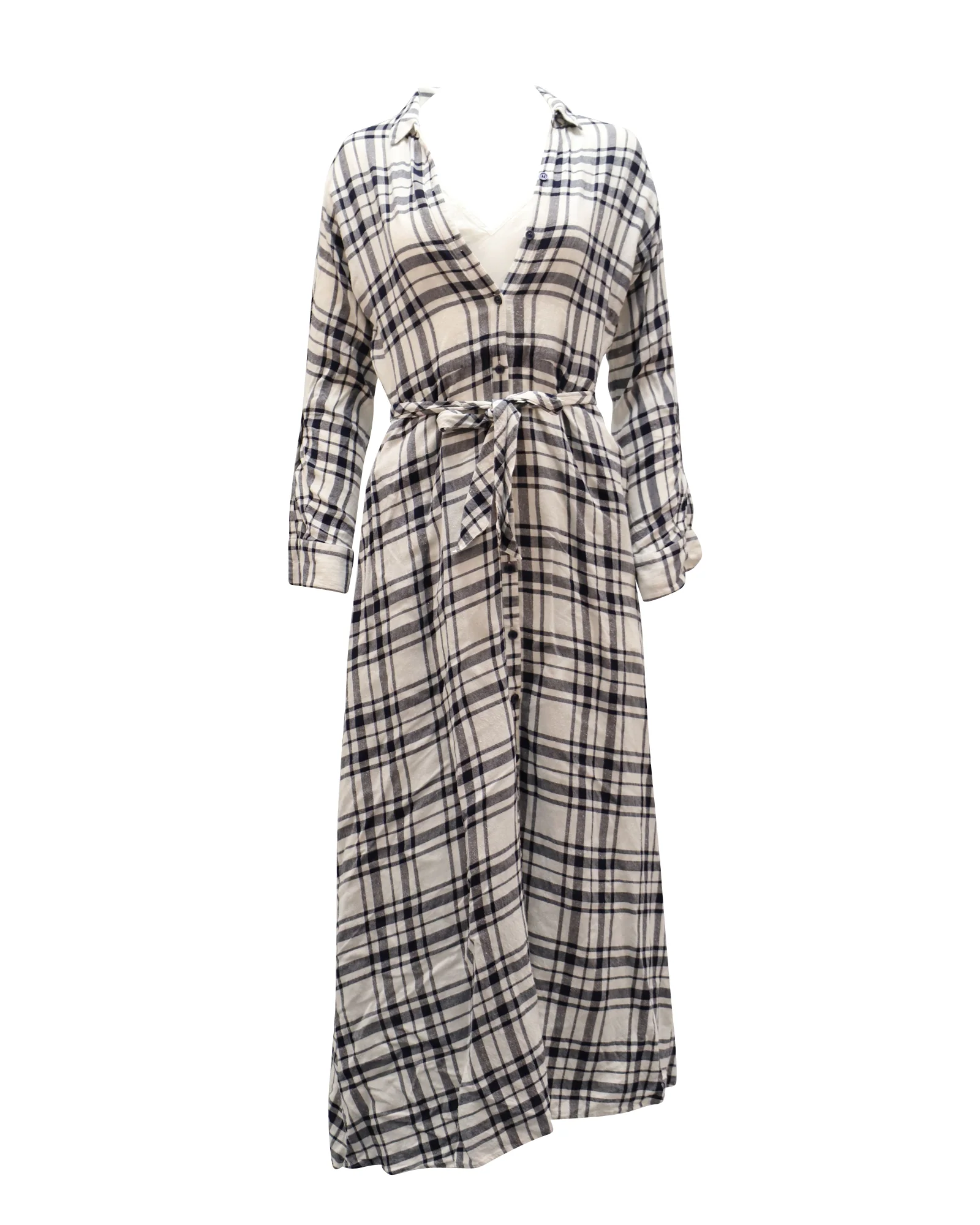 Women's Theory Checkered V-Neck Longsleeve Maxi Dress in White Viscose