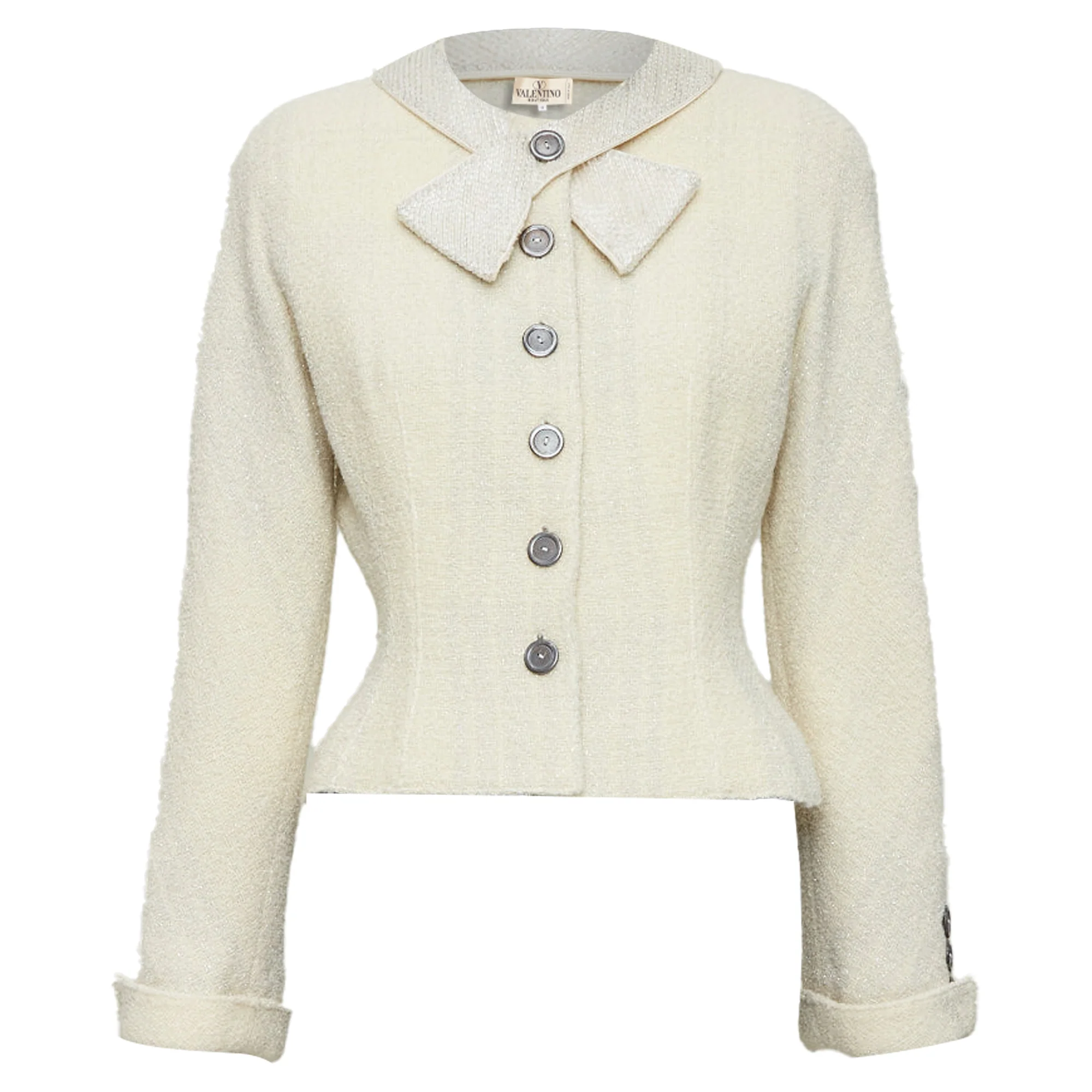 Women's VALENTINO BOUTIQUE Vintage cream wool tweed beaded collar contour bar jacket US8 - Image 10