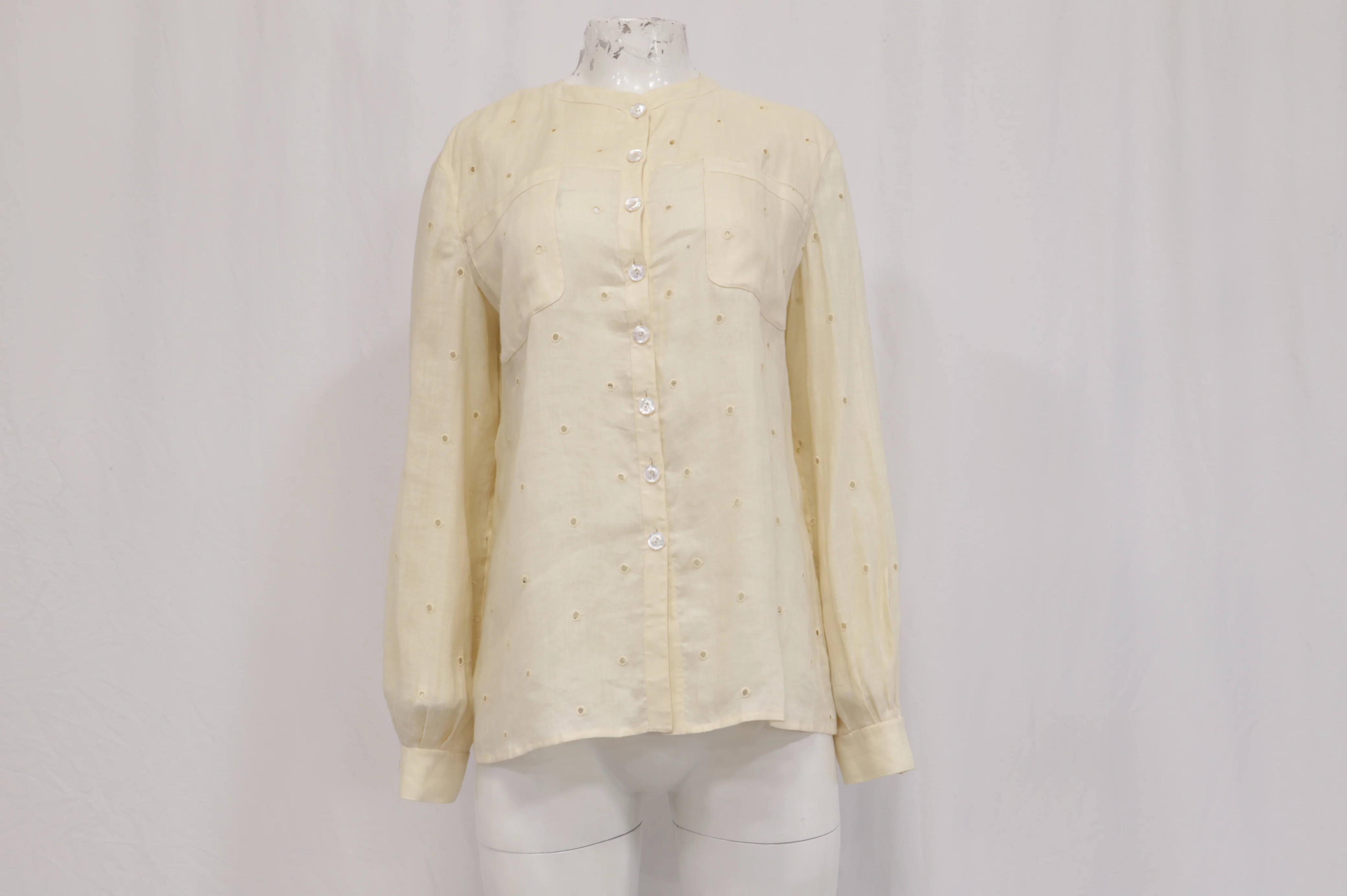 Women's  Valentino Garavani Button-Down Eyelet Shirt in Yellow Linen - Image 8