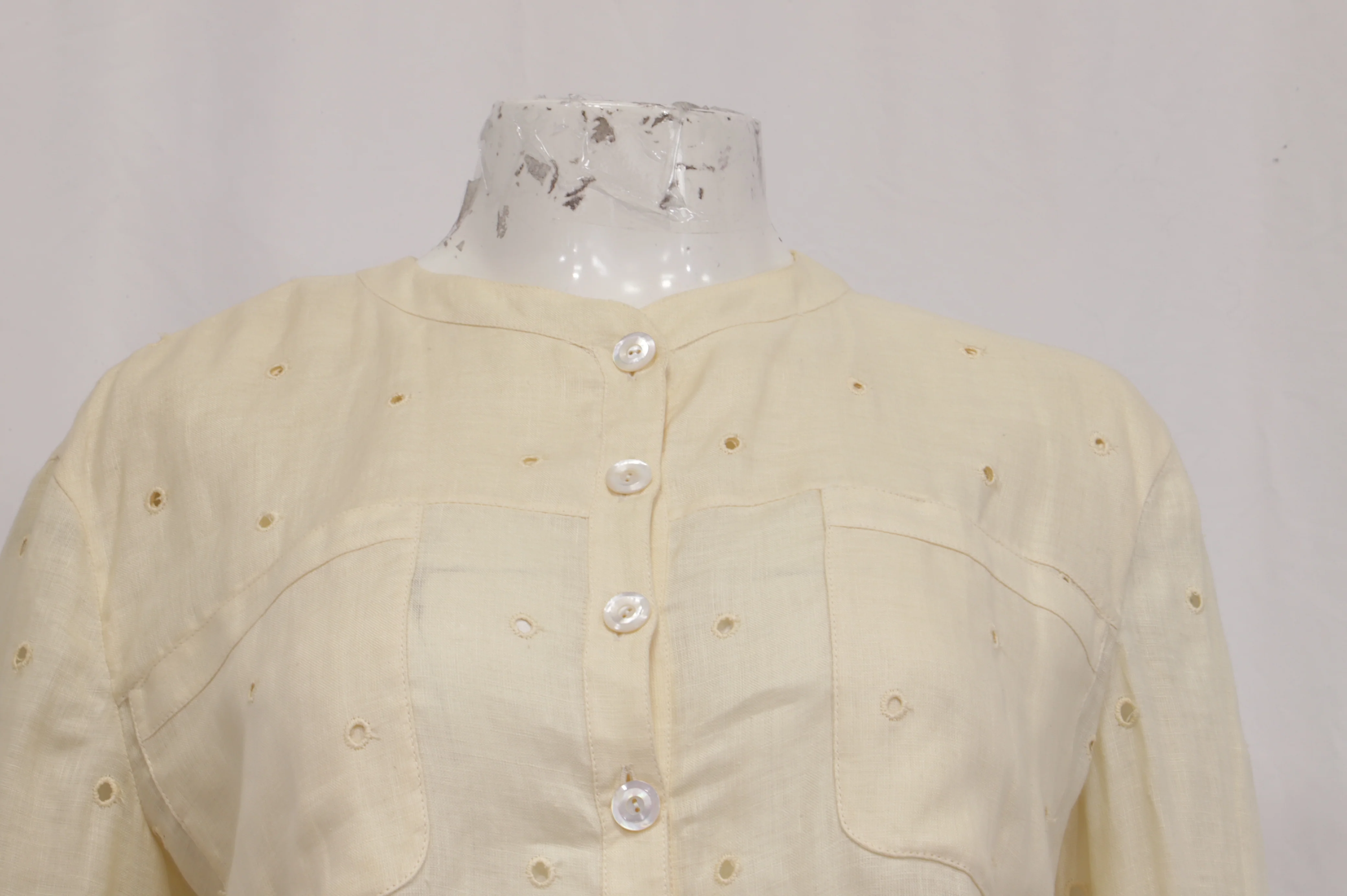 Women's  Valentino Garavani Button-Down Eyelet Shirt in Yellow Linen - Image 9